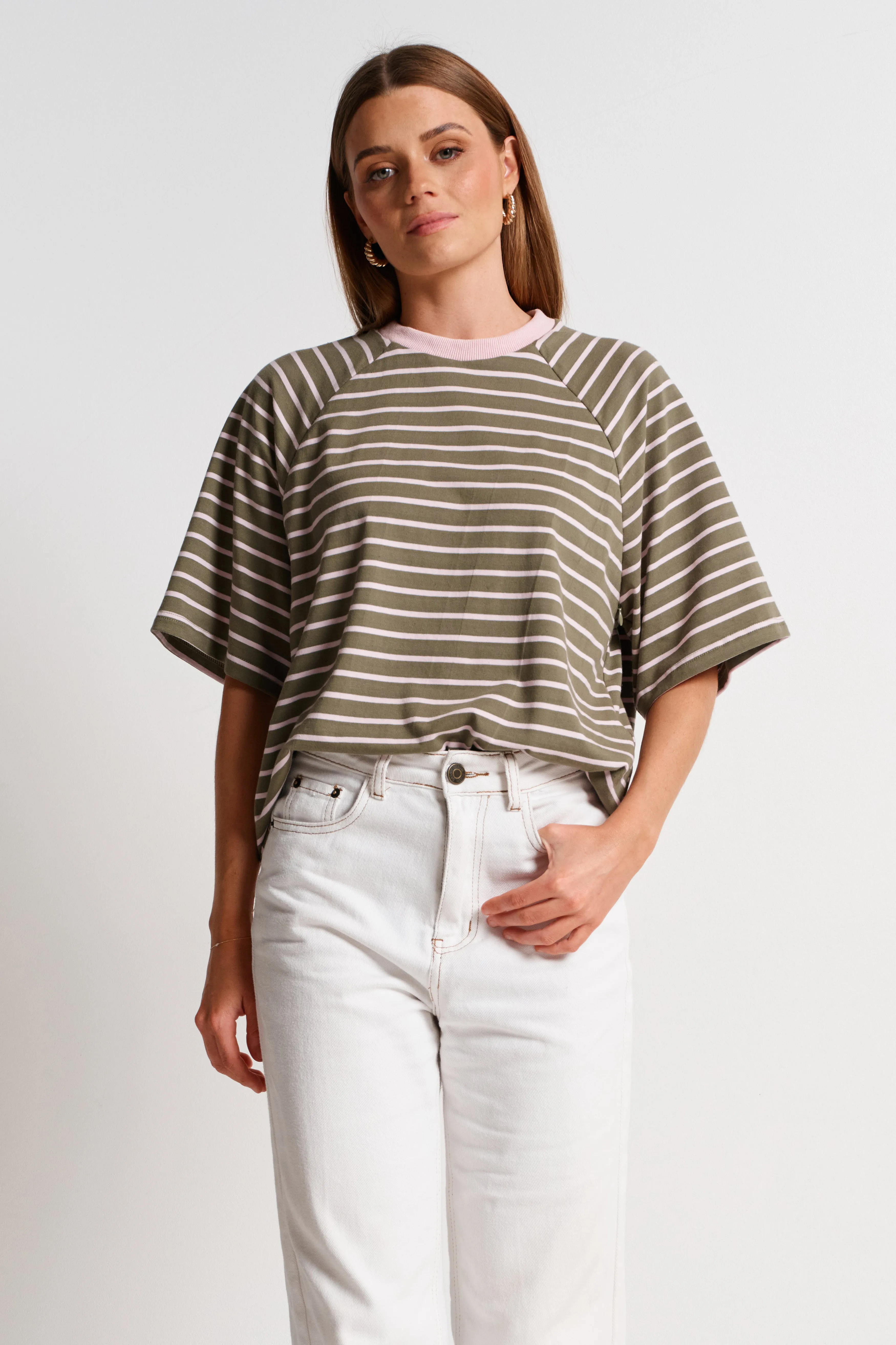 Classique Stripe Box-Cut Tee - Khaki / Pink sold by Apero Label product image thumbnail 3