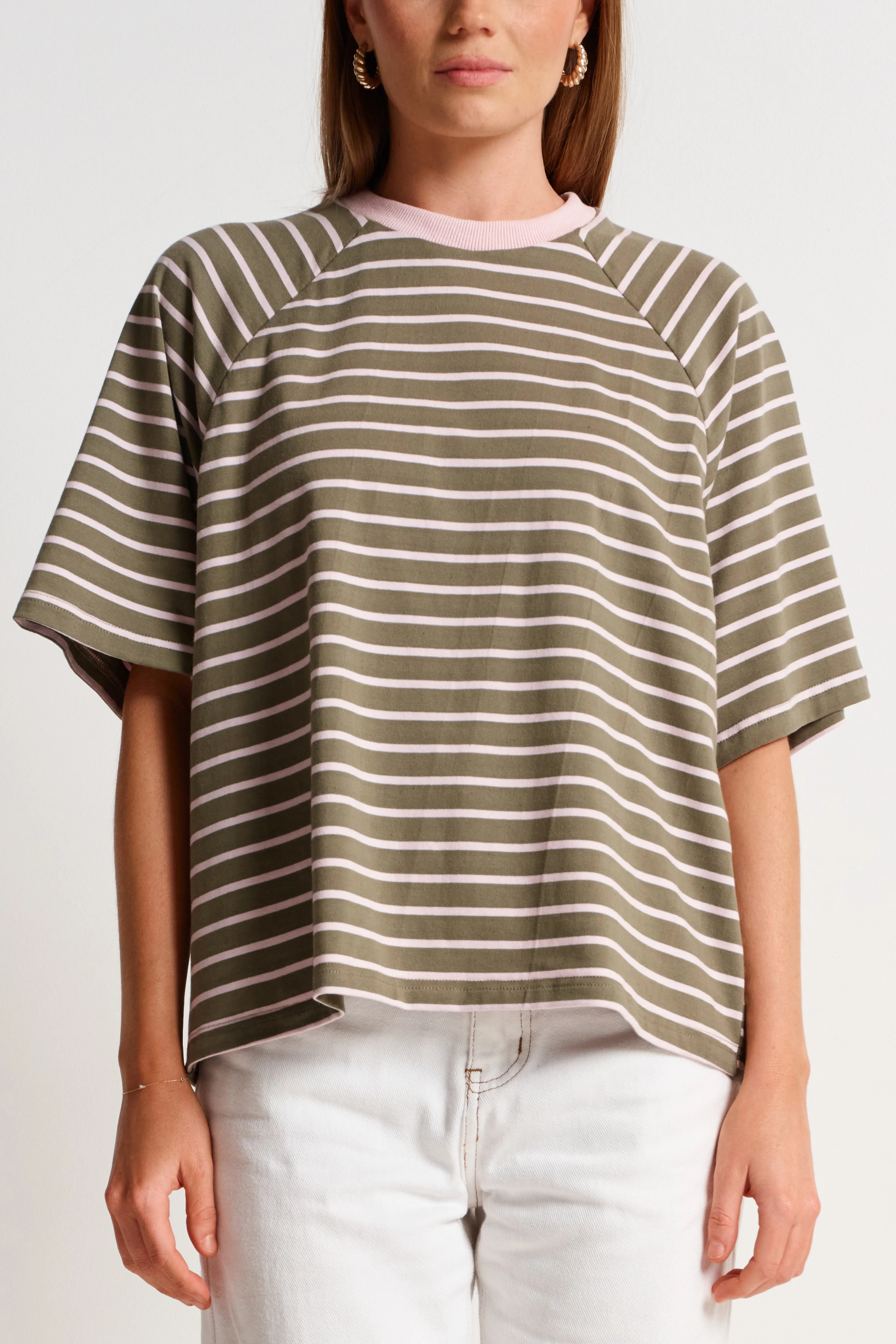 Classique Stripe Box-Cut Tee - Khaki / Pink sold by Apero Label product image thumbnail 5
