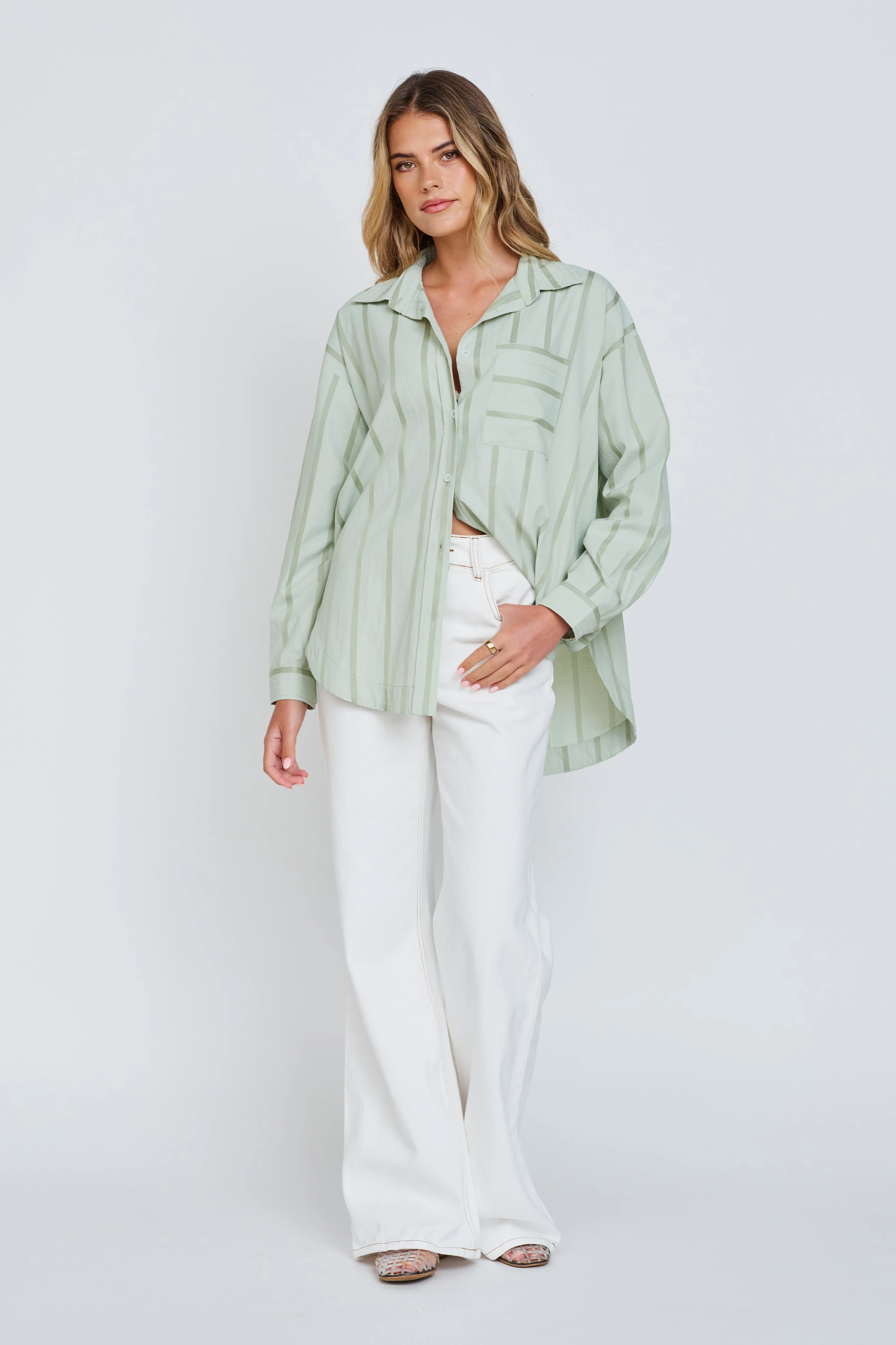 Morgan Stripe Wrap Button-Down Shirt - Mint sold by Apero Label