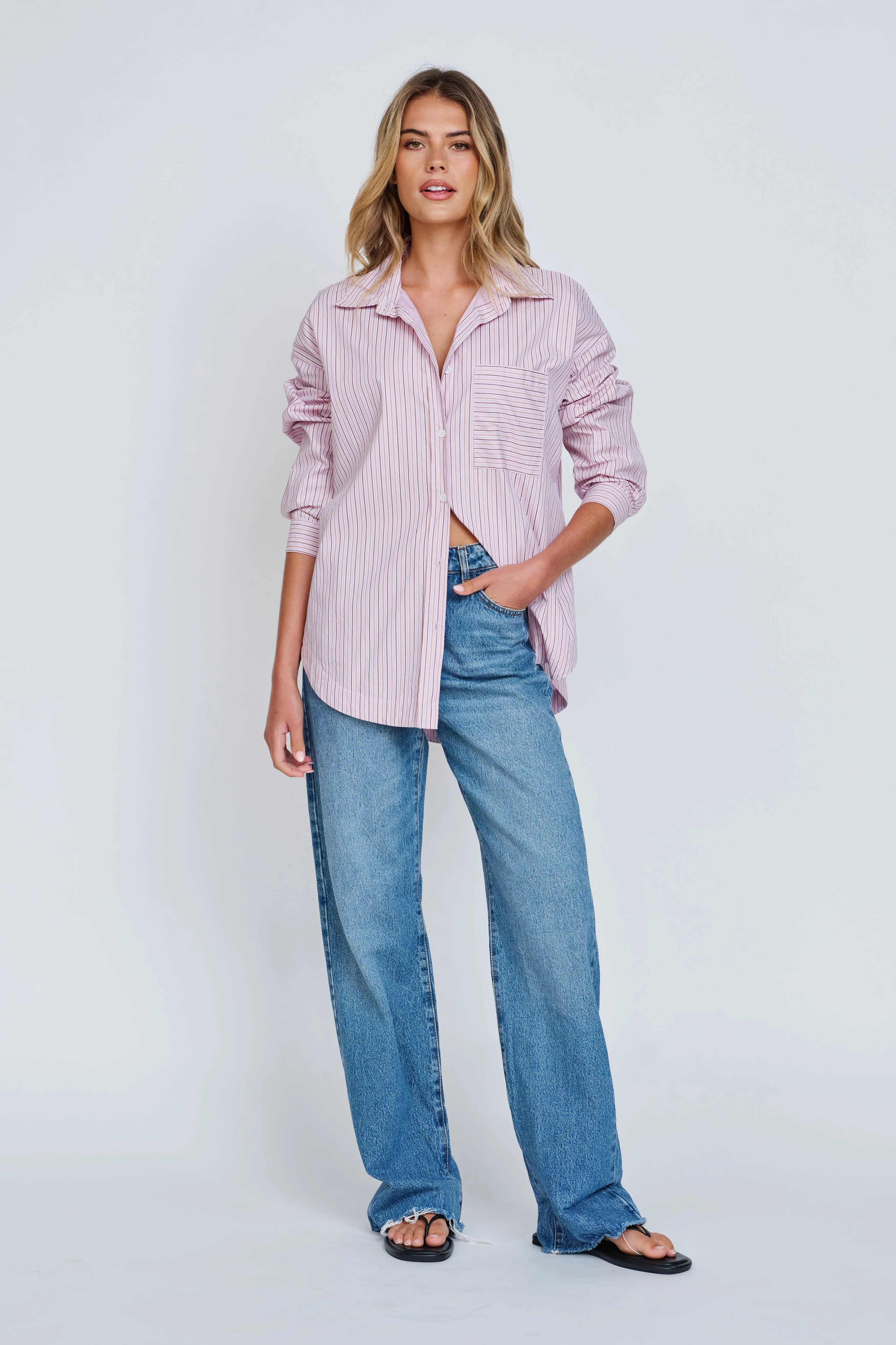 Morgan Stripe Wrap Button-Down Shirt - Pink Multi sold by Apero Label