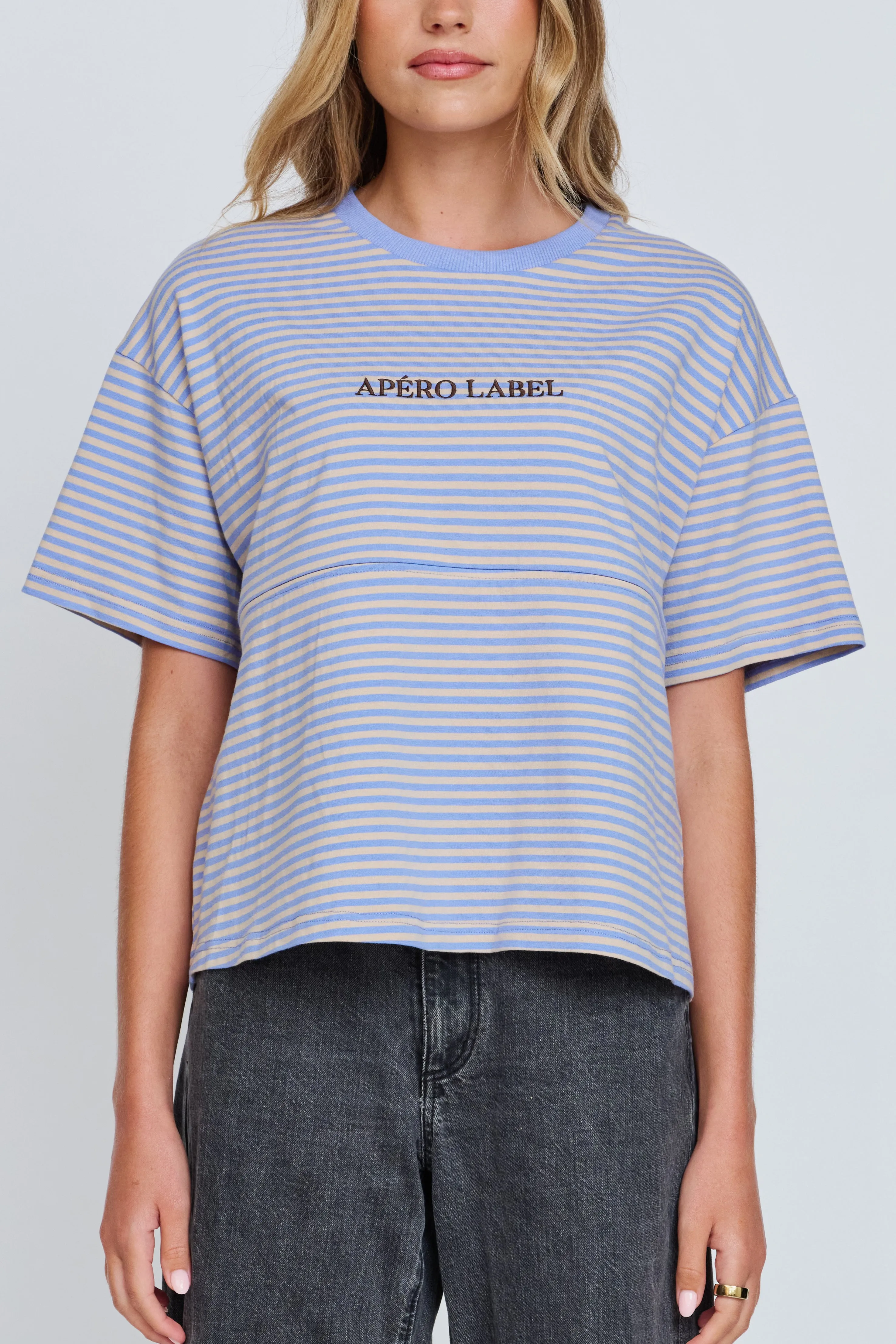Era Drop-Shoulder Cropped Tee - Blue / Beige sold by Apero Label product image thumbnail 3