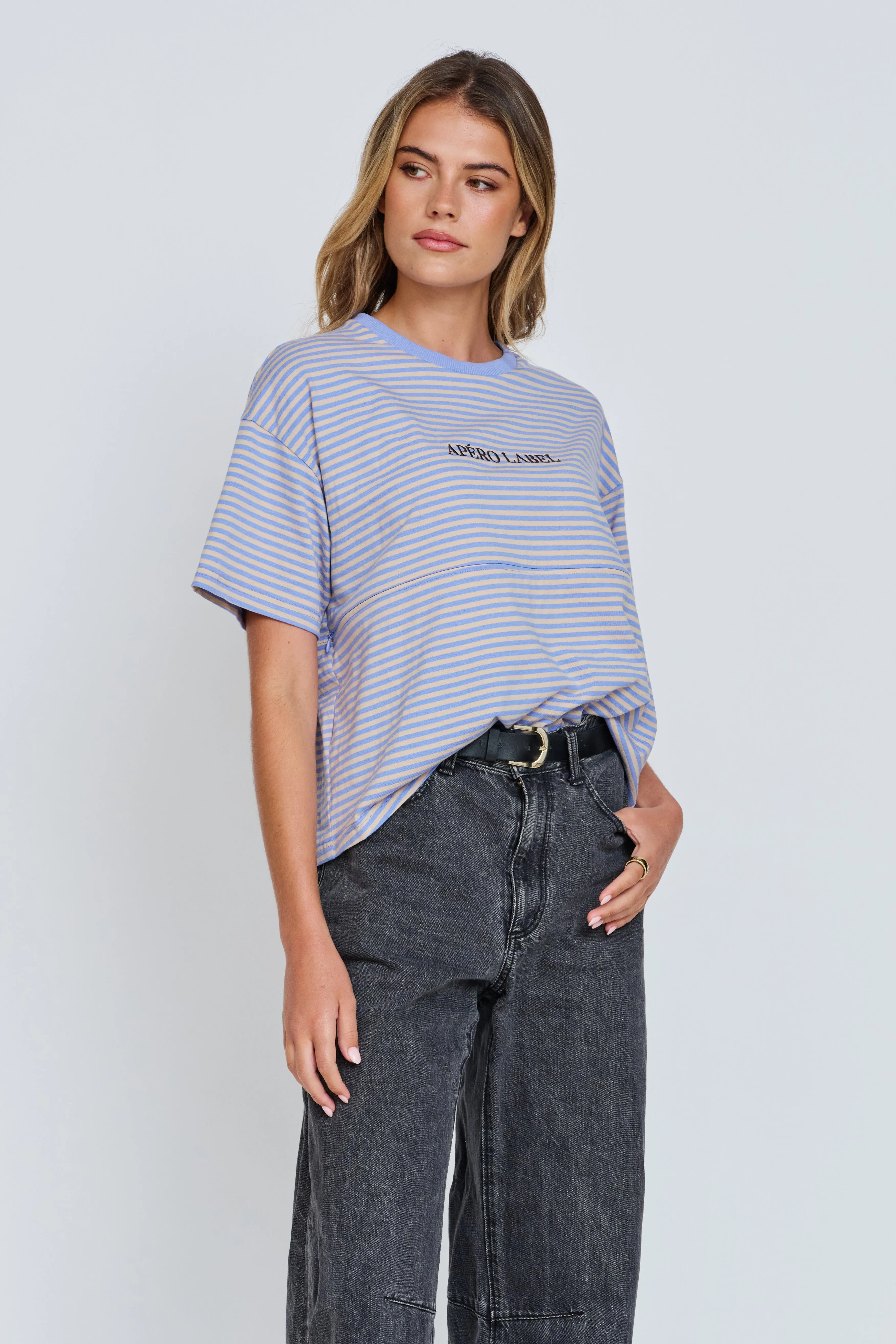 Era Drop-Shoulder Cropped Tee - Blue / Beige sold by Apero Label product image thumbnail 4