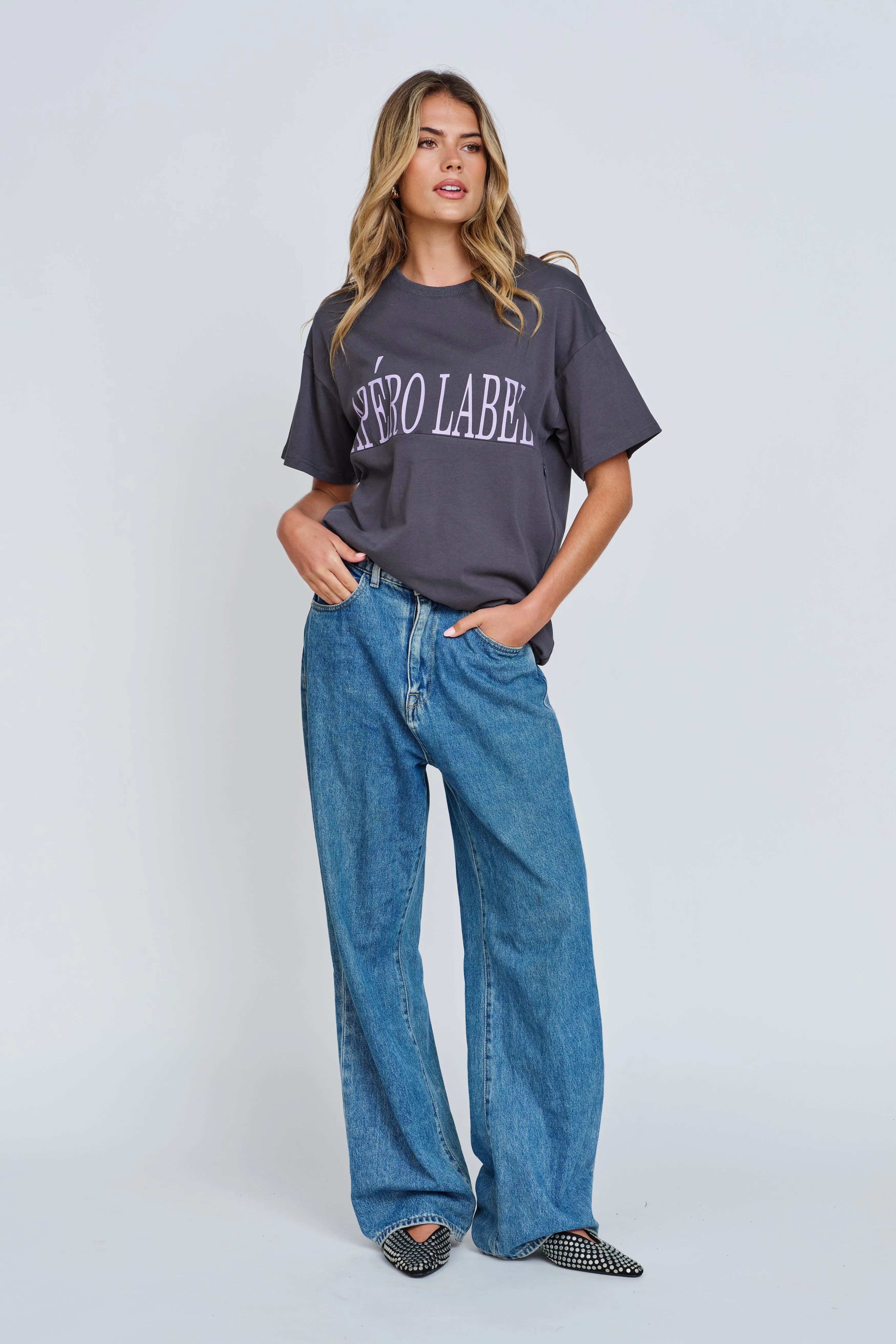 Bold Printed Longline Tee - Charcoal / Lilac sold by Apero Label