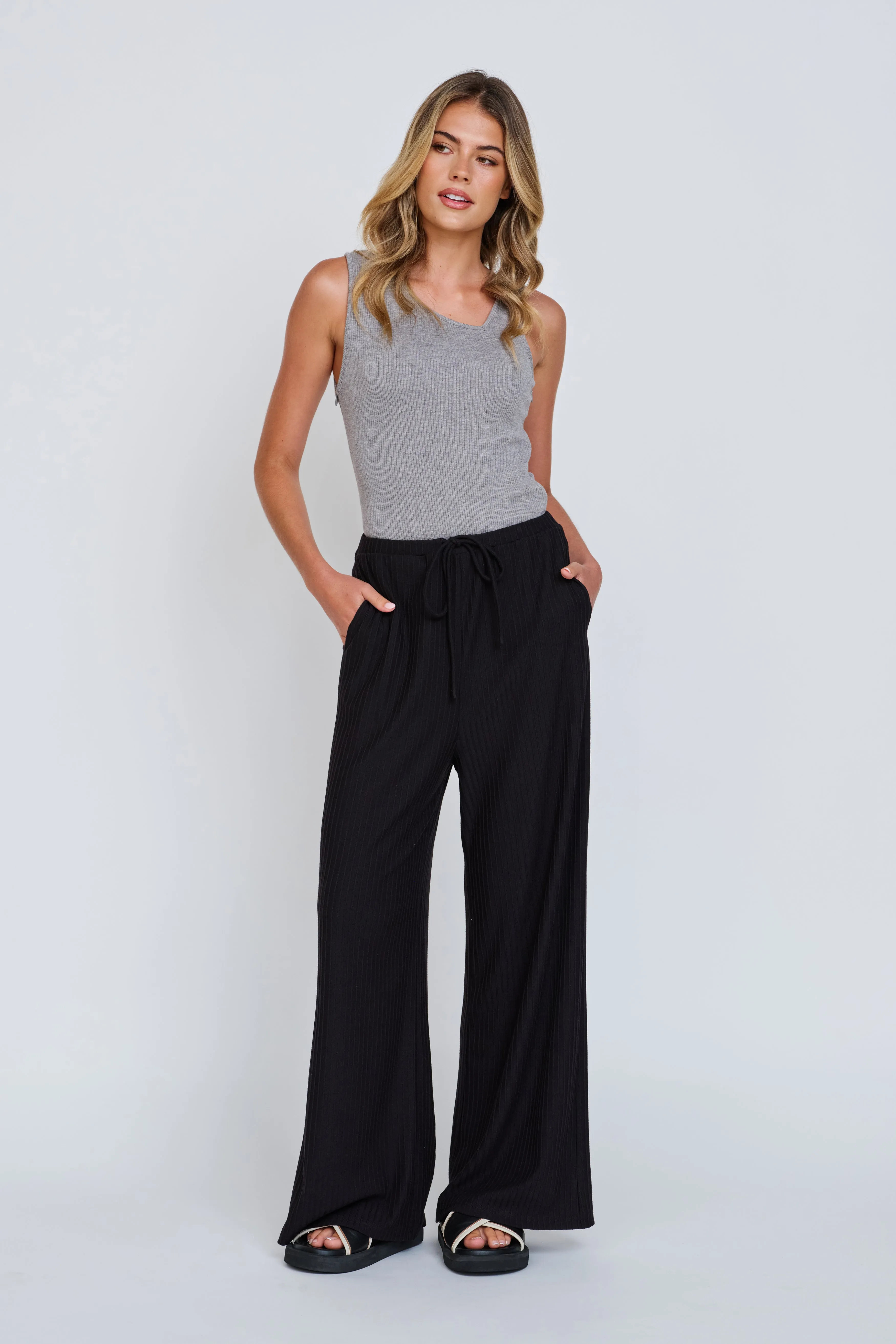 Ivy Ribbed Wide Leg Pant - Black sold by Apero Label