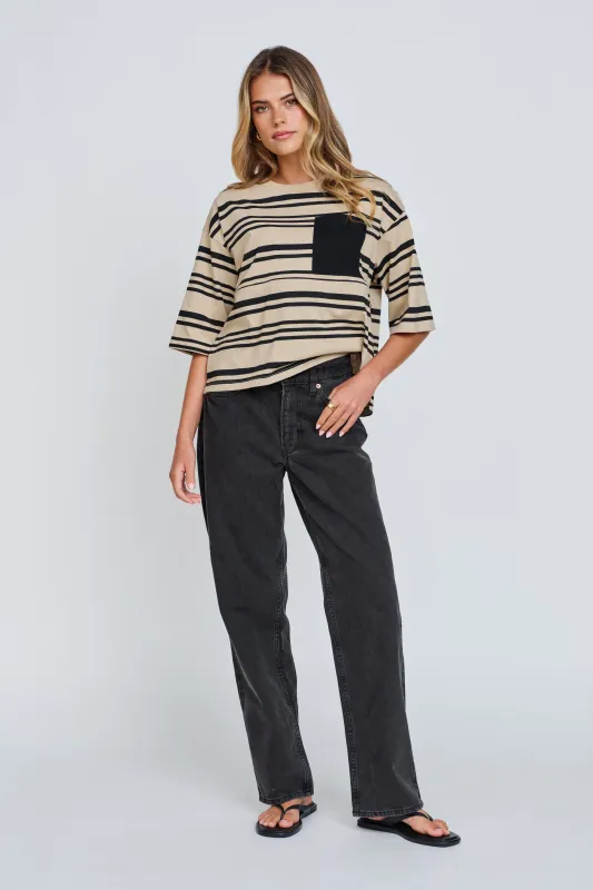 Brooklyn Stripe Slouchy Panel Tee - Beige / Black sold by Apero Label