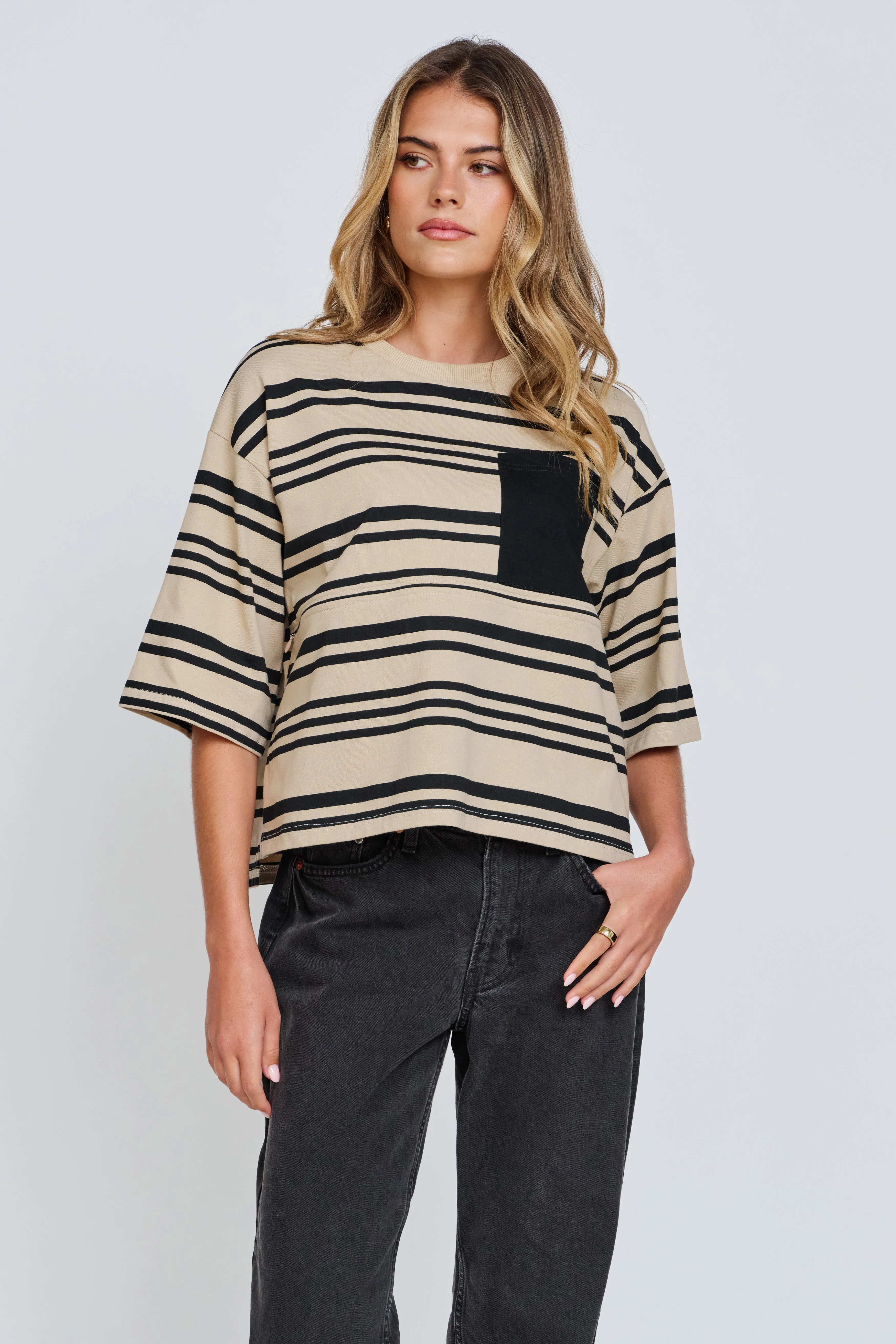 Brooklyn Stripe Slouchy Panel Tee - Beige / Black sold by Apero Label product image thumbnail 4