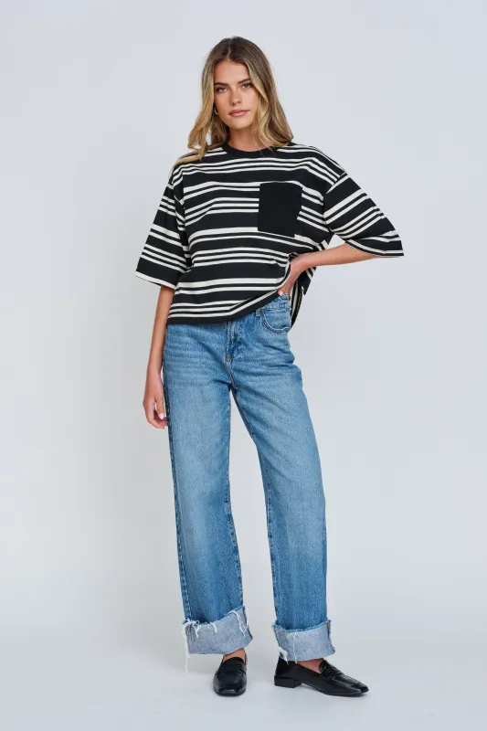 Brooklyn Stripe Slouchy Panel Tee - Black / White sold by Apero Label