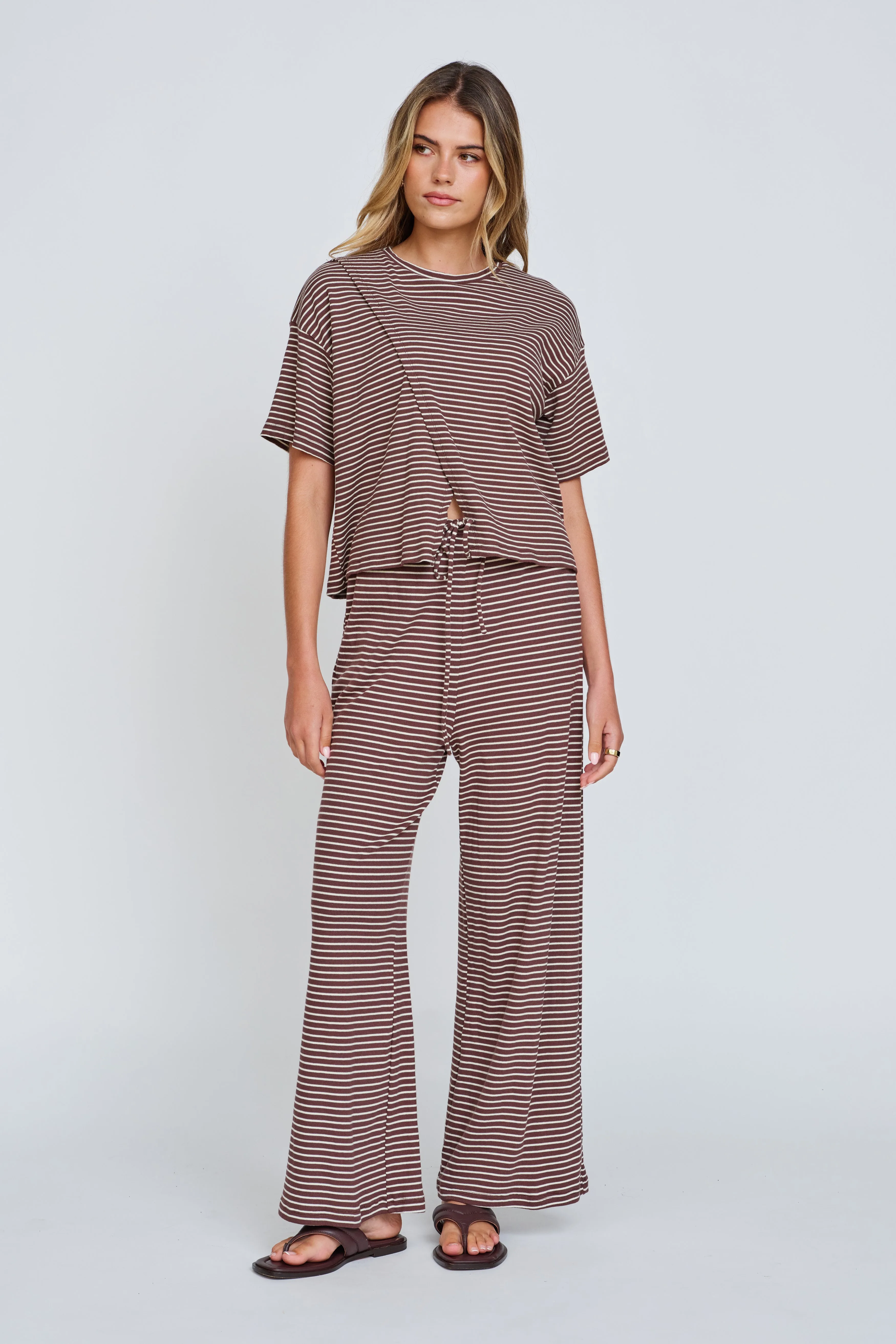 Ivy Stripe Wrap Tee - Chocolate / White sold by Apero Label