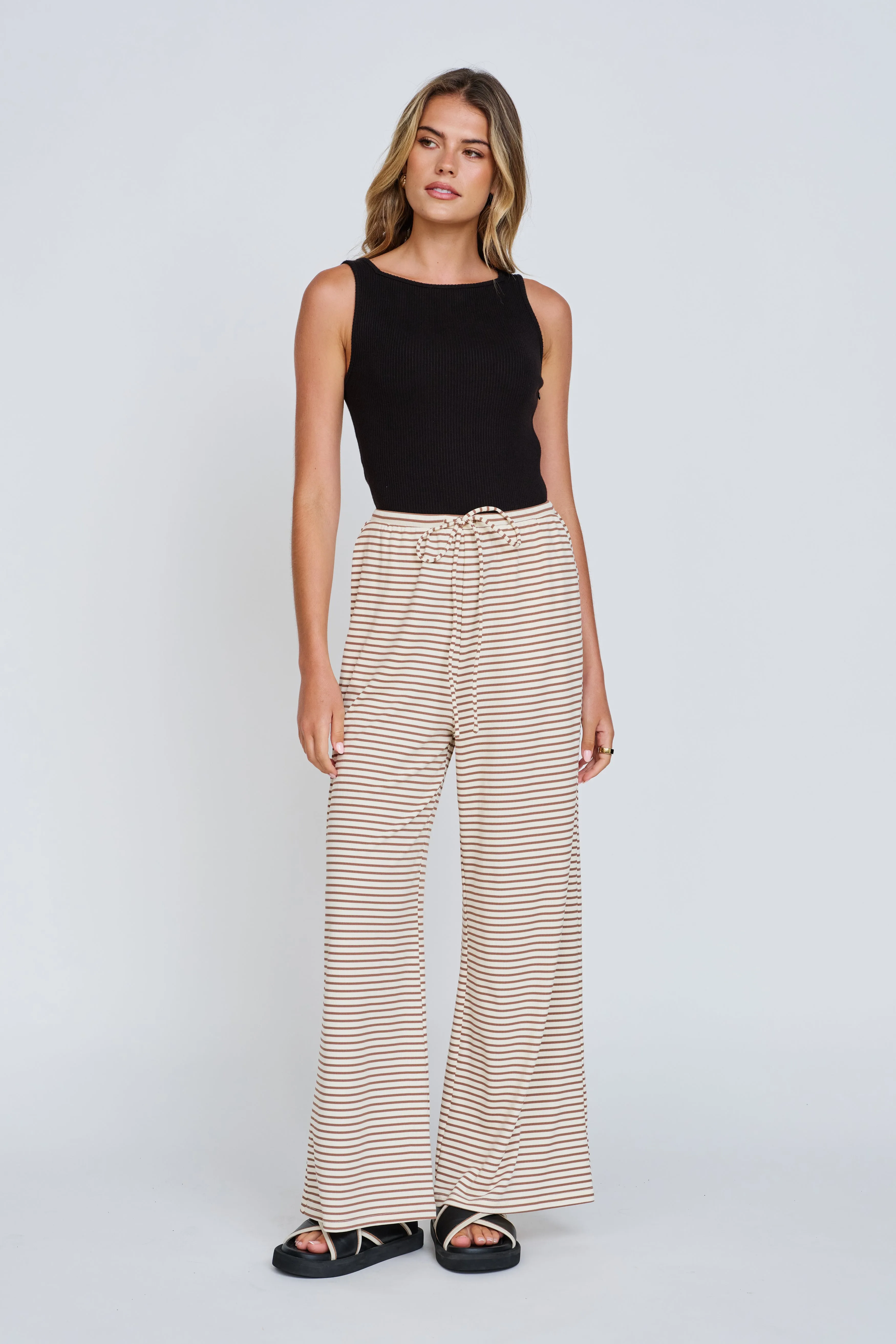Ivy Stripe Wide Leg Pants - Cream / Tan sold by Apero Label