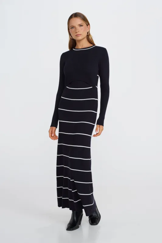 Zoe Knit Long Sleeve Dress - Navy / White sold by Apero Label