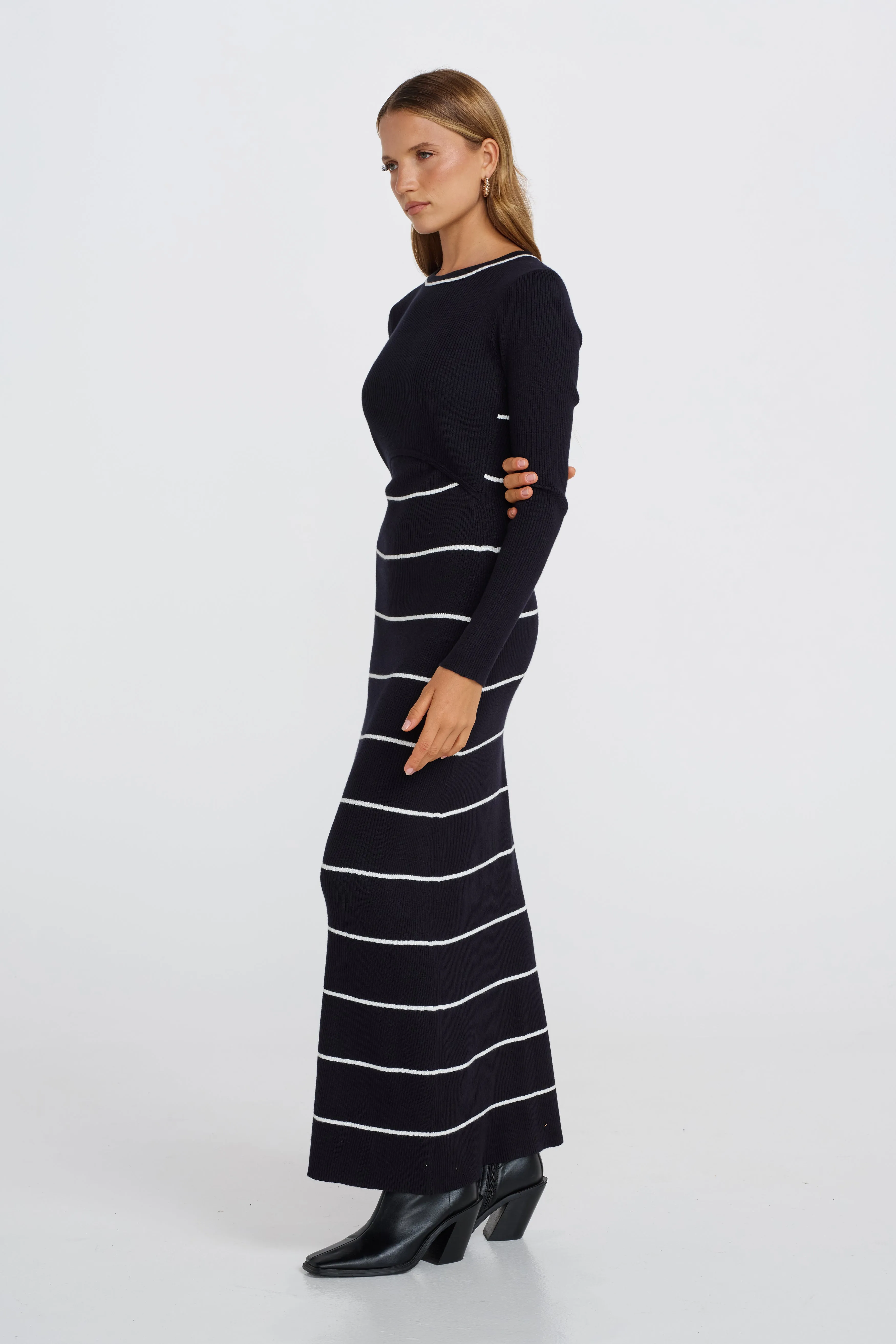 Zoe Knit Long Sleeve Dress - Navy / White sold by Apero Label product image thumbnail 5