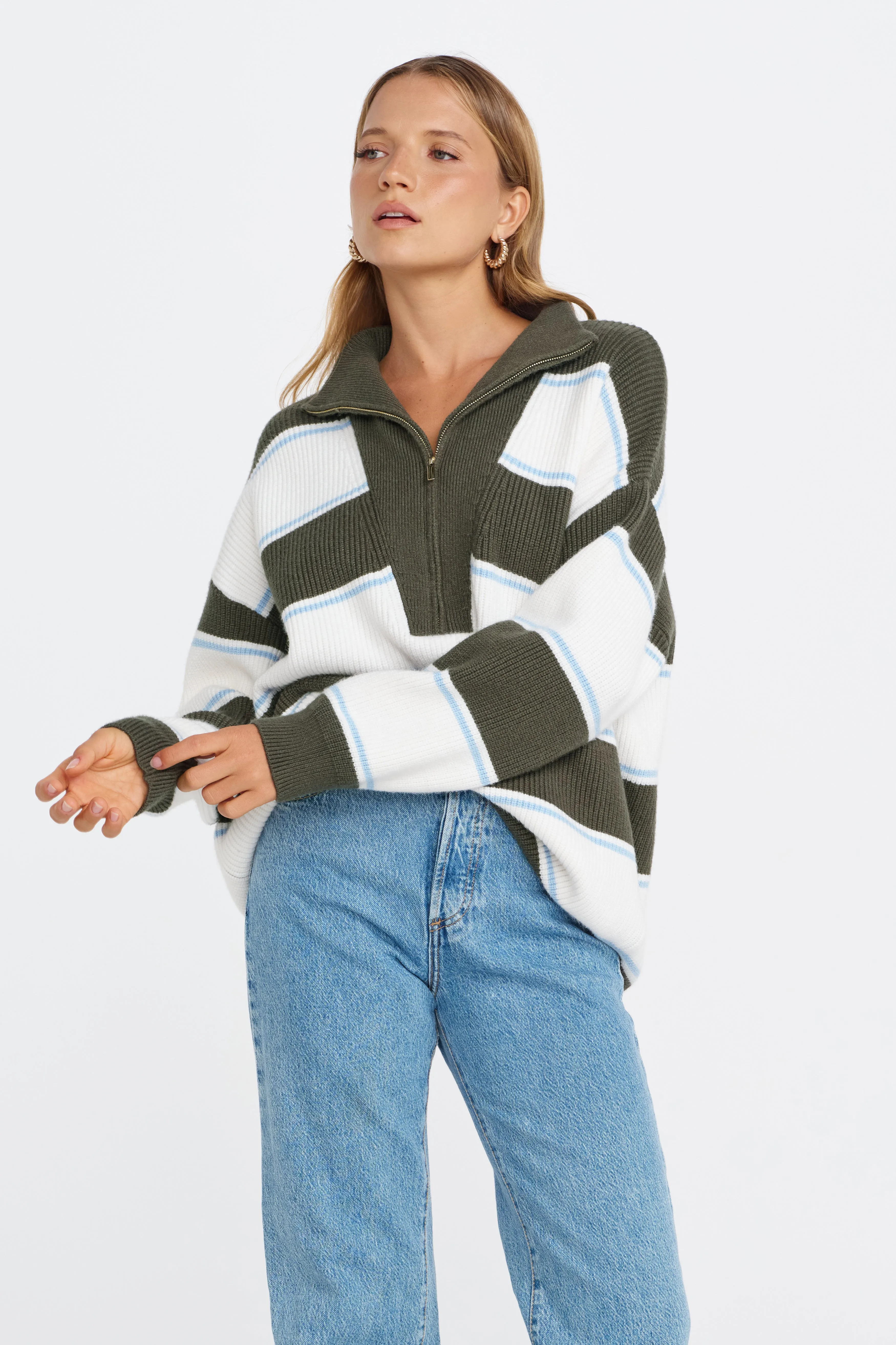 Beatrix Zip Knit Jumper - Green / White / Blue sold by Apero Label product image thumbnail 4