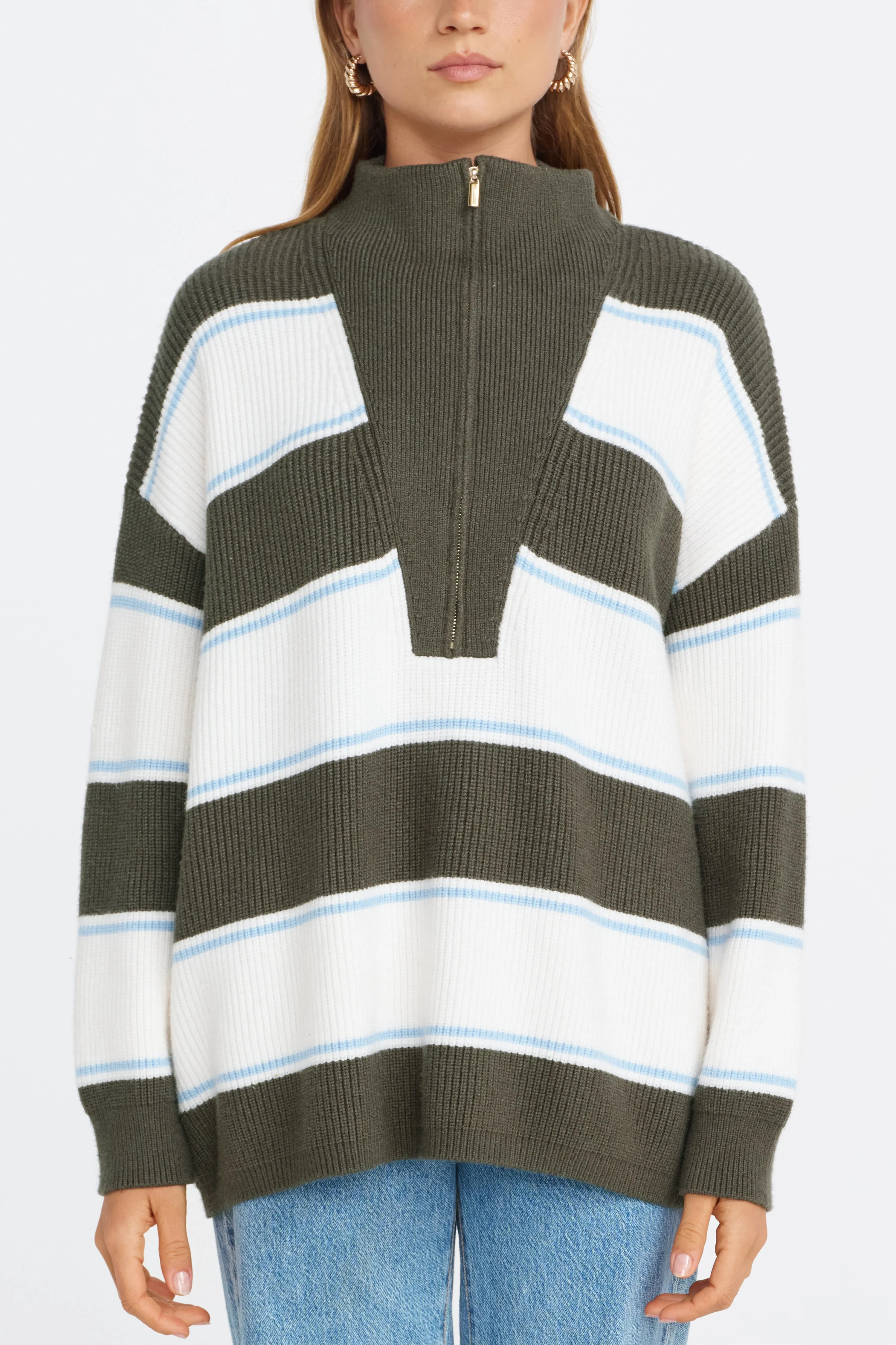 Beatrix Zip Knit Jumper - Green / White / Blue sold by Apero Label product image thumbnail 3