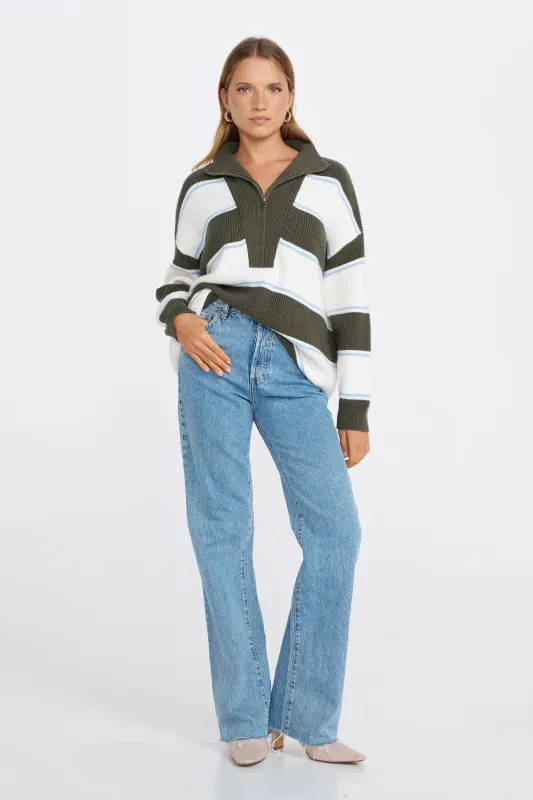 Beatrix Zip Knit Jumper - Green / White / Blue sold by Apero Label