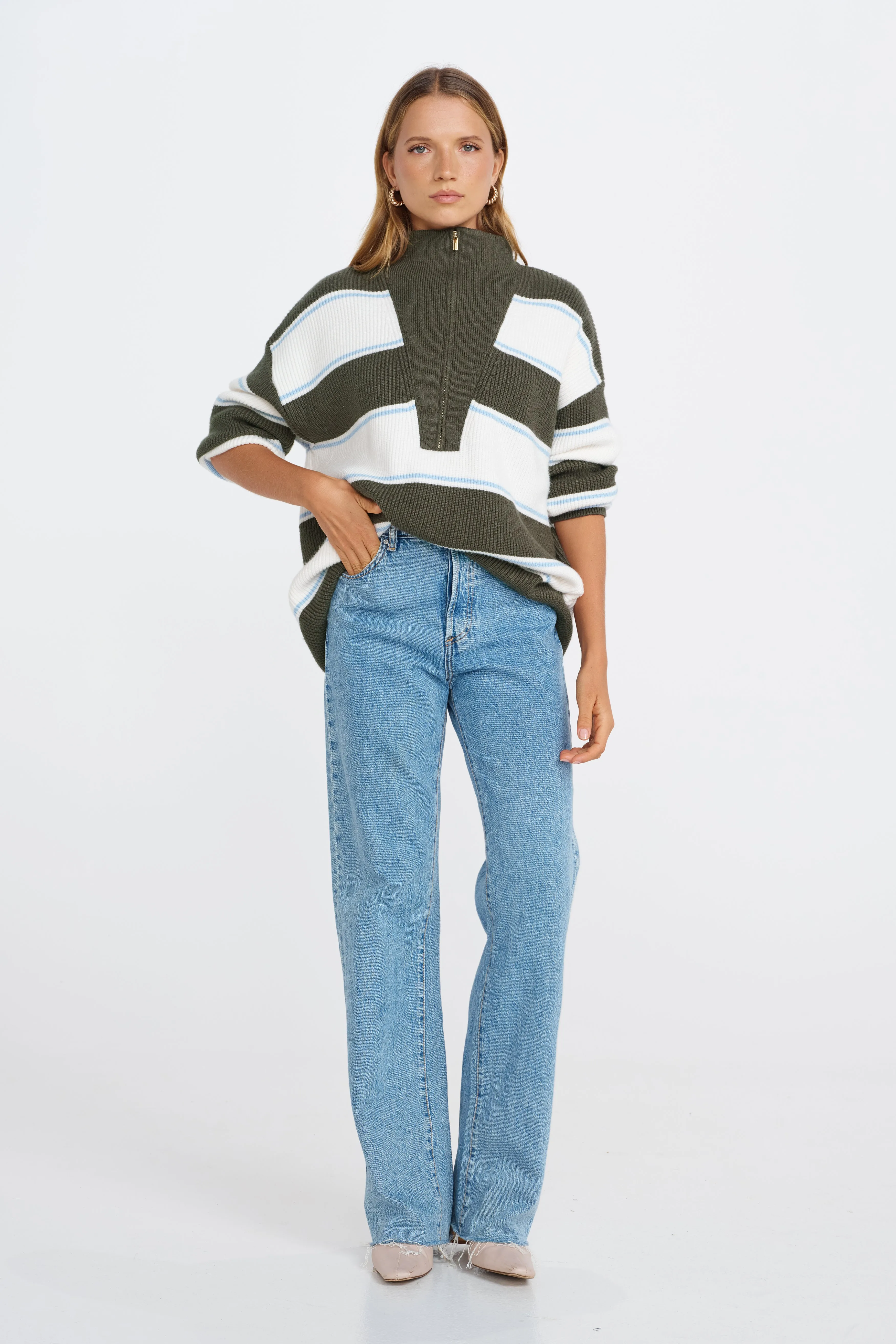 Beatrix Zip Knit Jumper - Green / White / Blue sold by Apero Label product image thumbnail 5