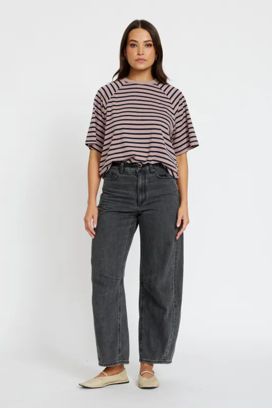 Classique Stripe Box-Cut Tee - Latte / Navy sold by Apero Label
