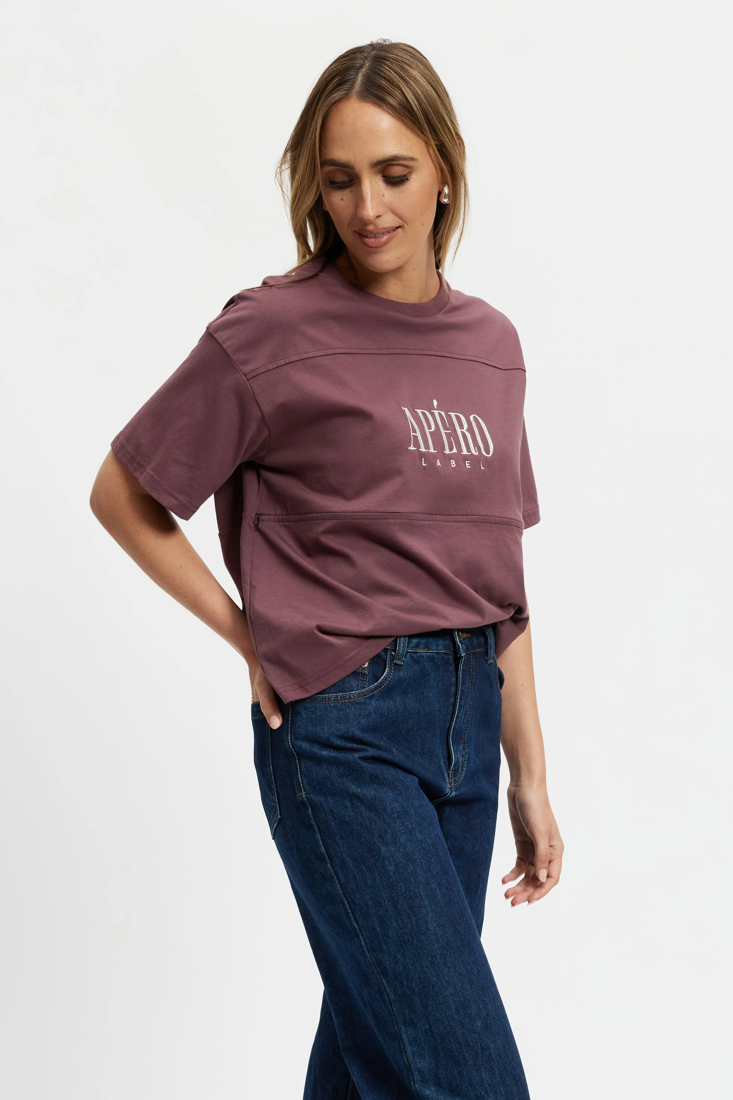 Sunday Drop-Shoulder Cropped Tee - Plum / Cream sold by Apero Label product image thumbnail 4