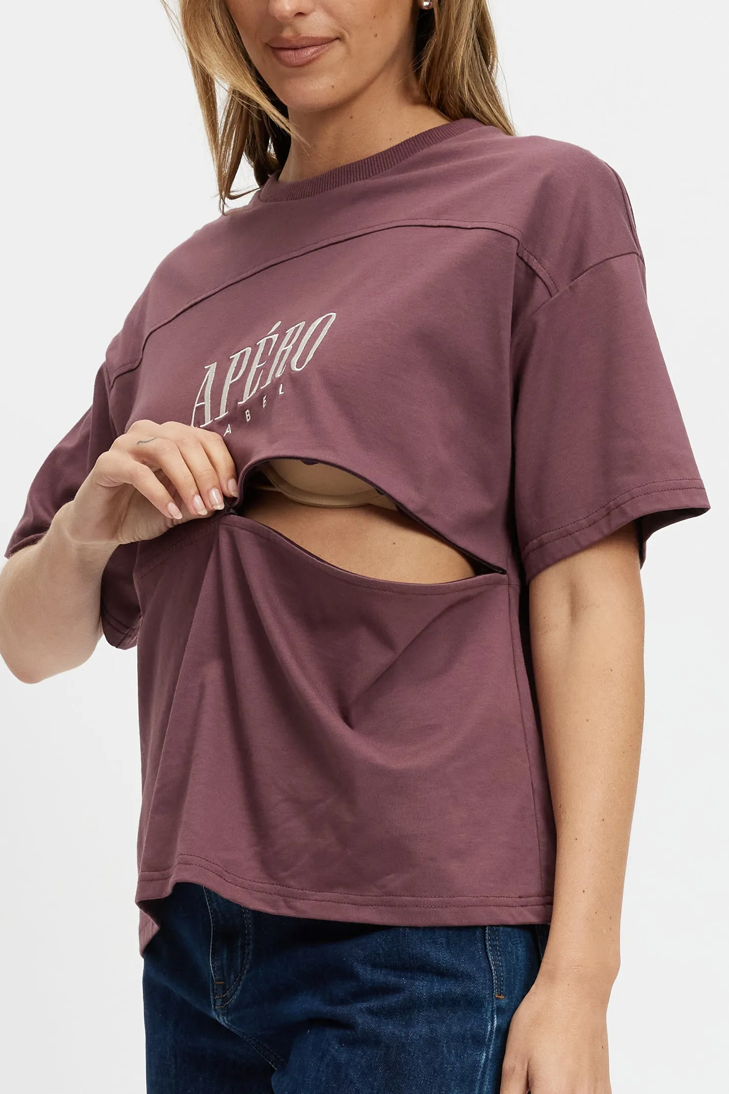Sunday Drop-Shoulder Cropped Tee - Plum / Cream sold by Apero Label product image thumbnail 2