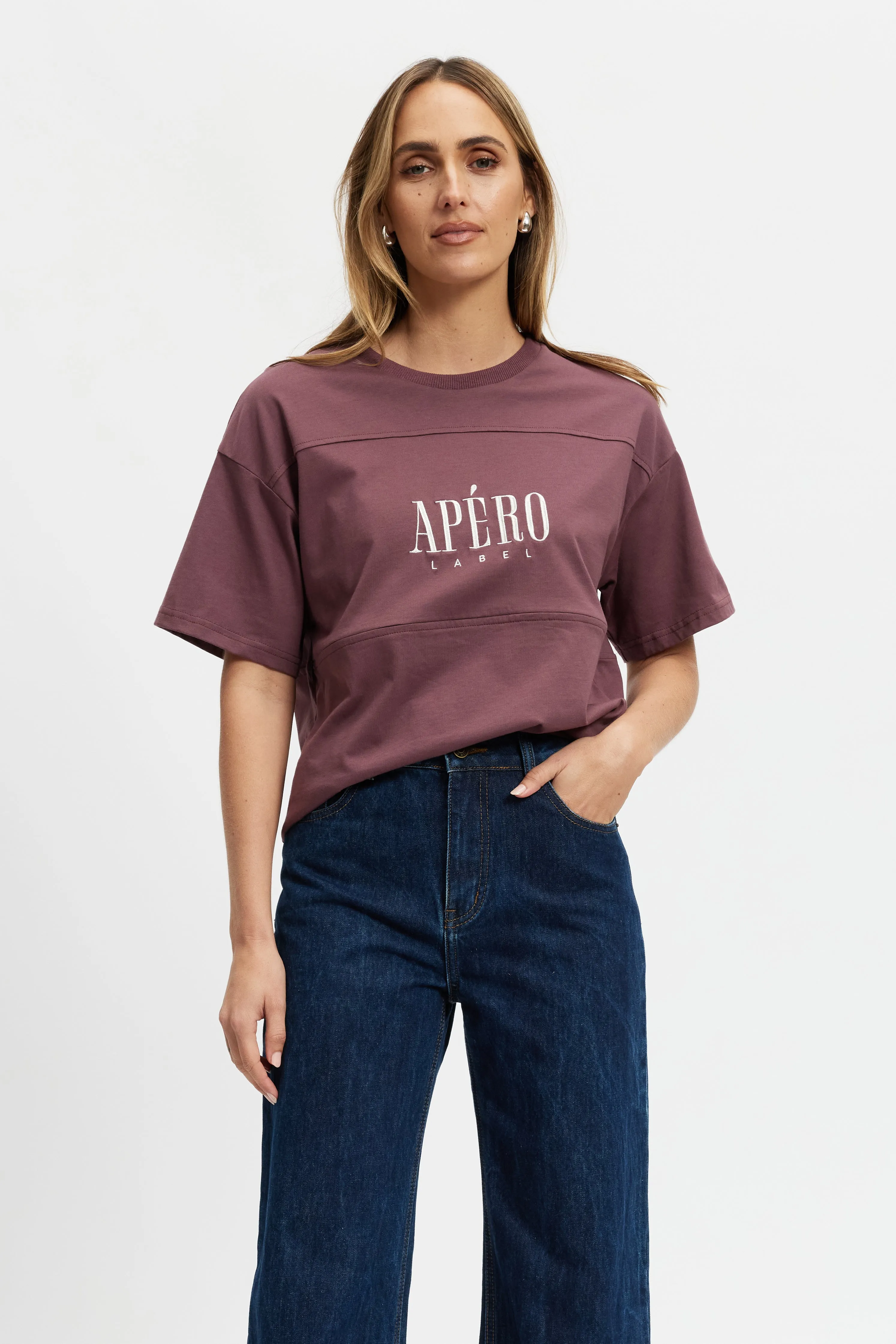 Sunday Drop-Shoulder Cropped Tee - Plum / Cream sold by Apero Label product image thumbnail 3