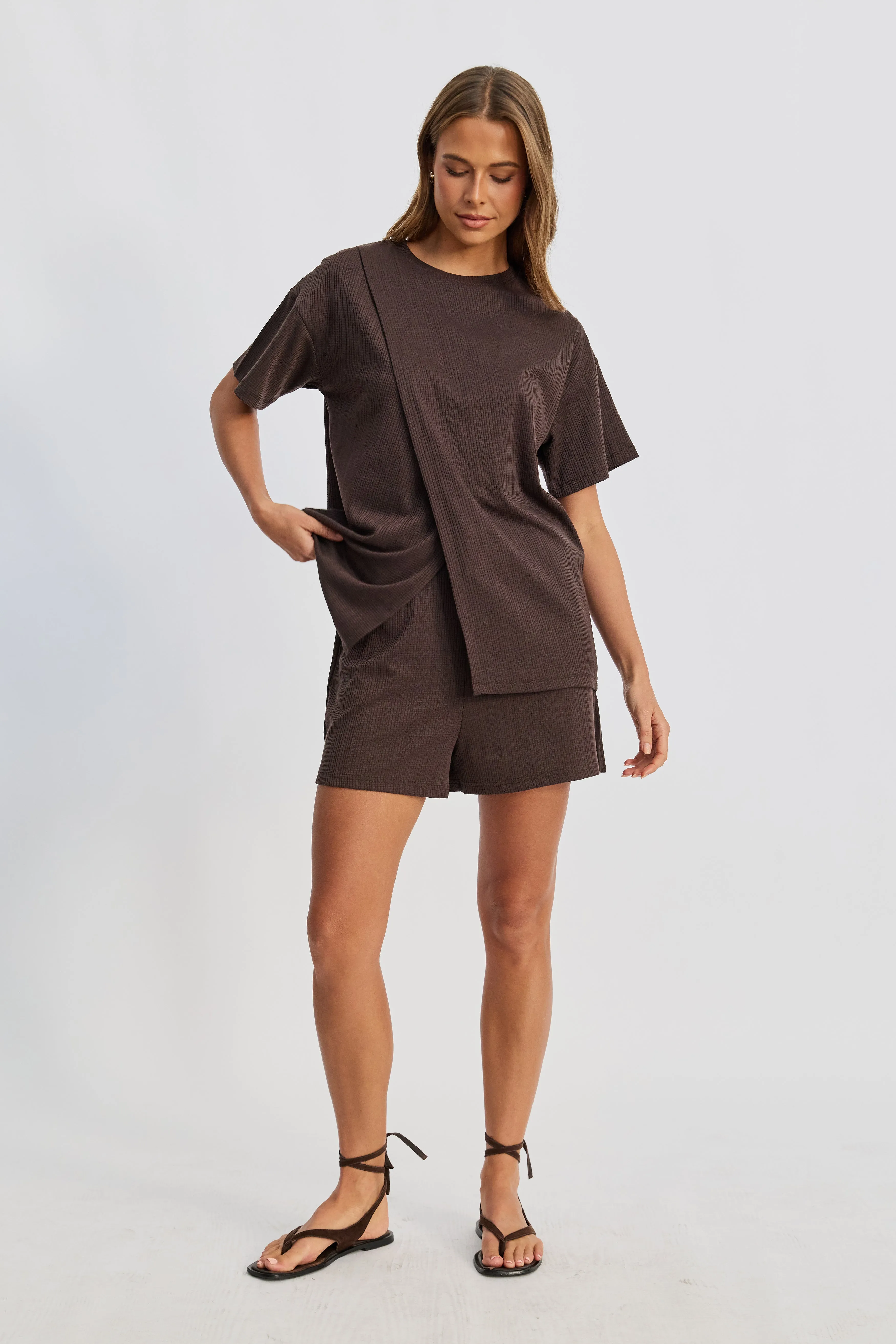 Ivy Waffle Longline Wrap Tee - Chocolate sold by Apero Label product image thumbnail 4