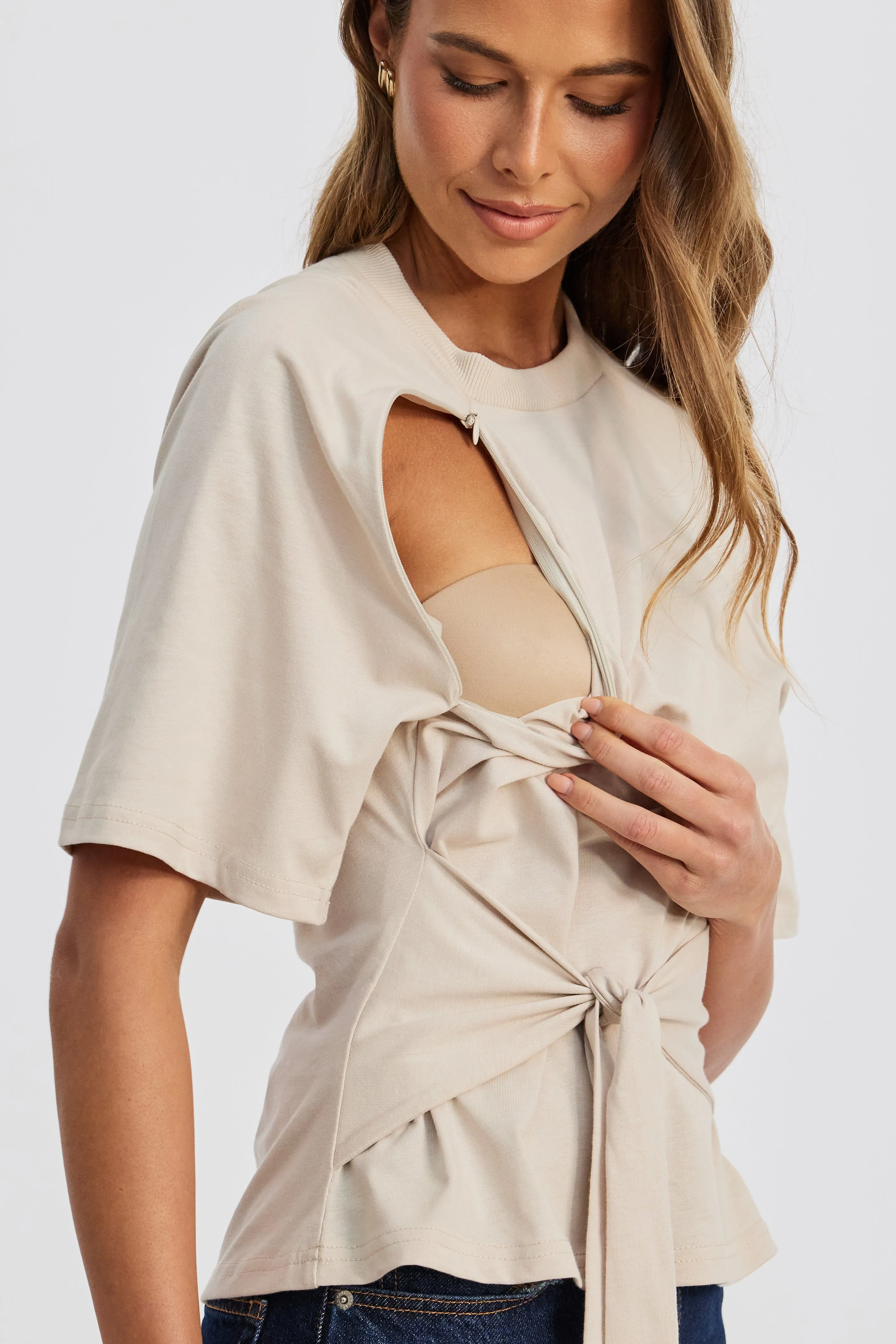 Alia Waist-Tie Box-Cut Tee - Stone sold by Apero Label product image thumbnail 2