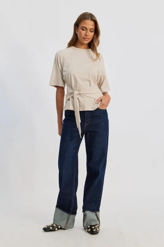 Alia Waist-Tie Box-Cut Tee - Stone sold by Apero Label
