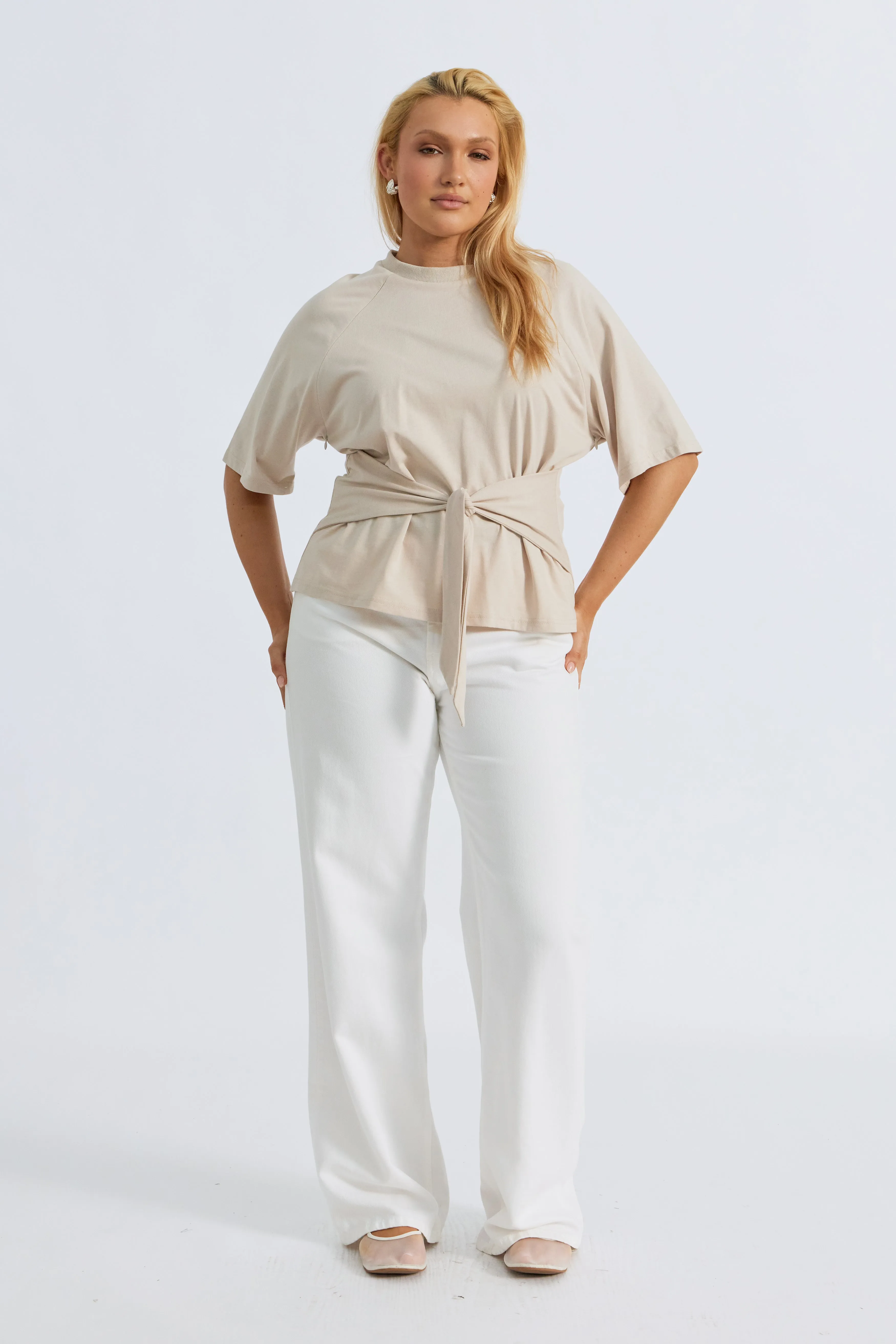 Alia Waist-Tie Box-Cut Tee - Stone sold by Apero Label product image thumbnail 4