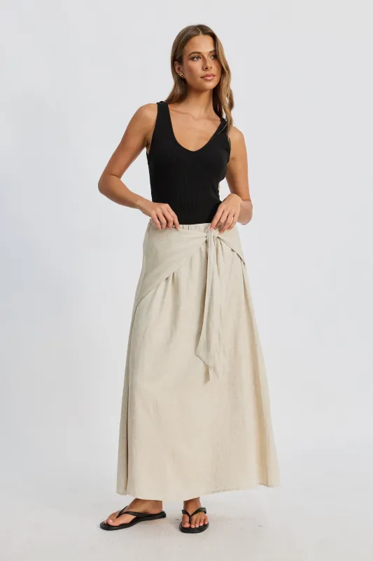 Junie Tie-Front Midi Skirt - Natural sold by Apero Label