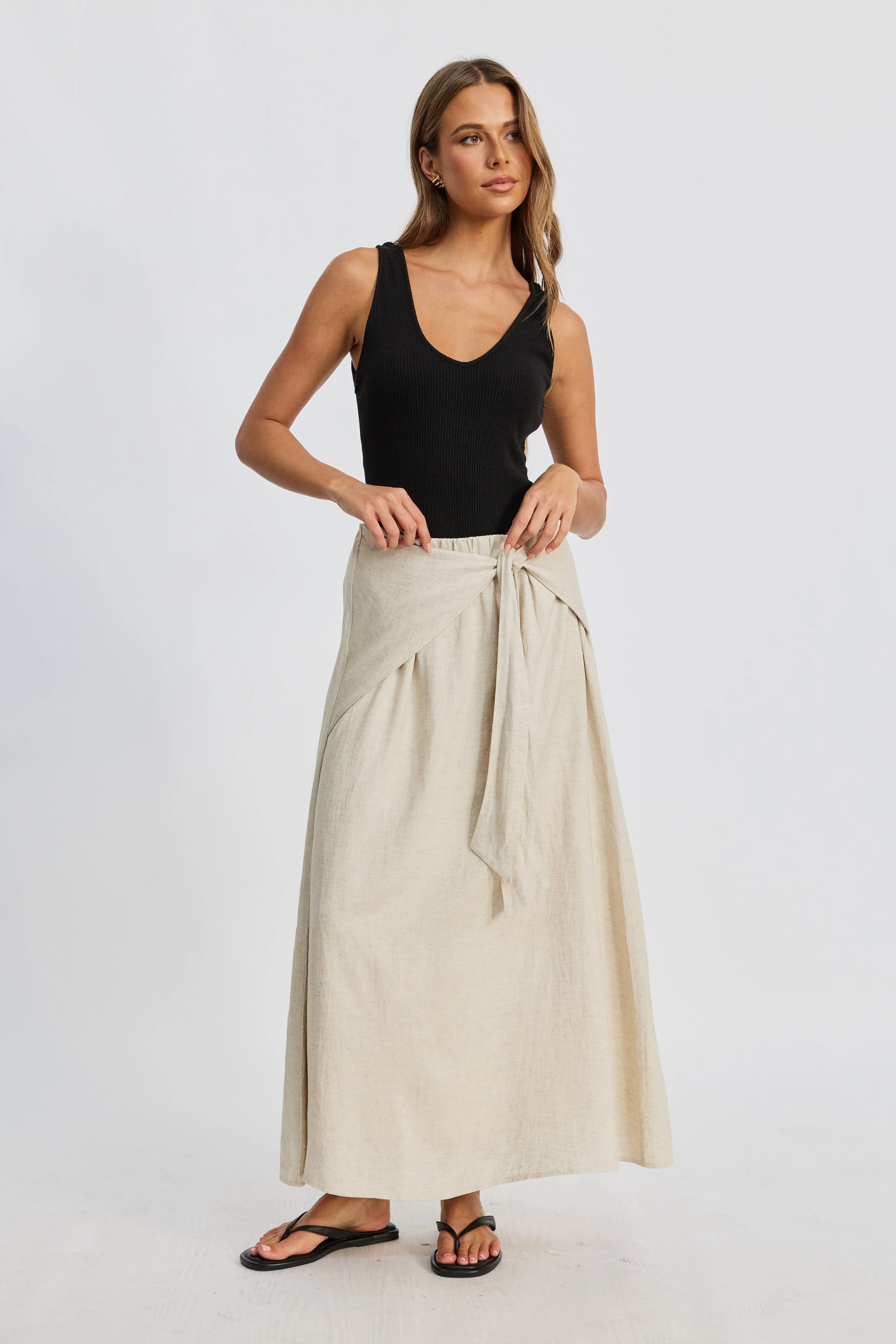 Junie Tie-Front Midi Skirt - Natural sold by Apero Label