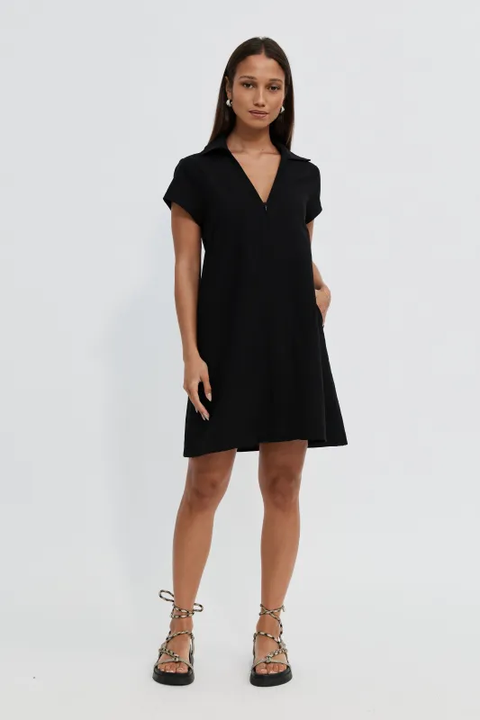 Tully Collared Zip-Front Mini Dress - Black sold by Apero Label