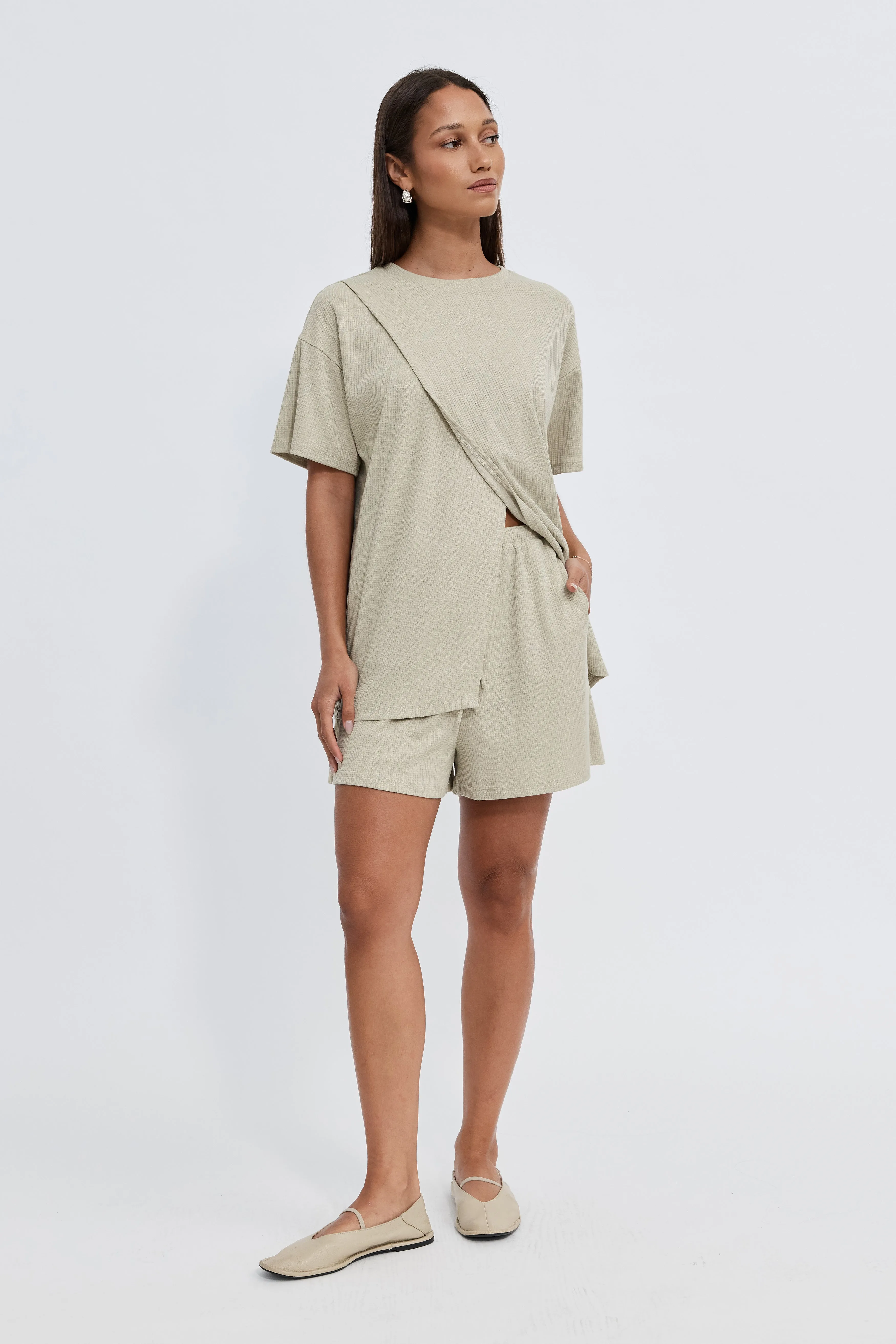 Ivy Waffle Longline Wrap Tee - Sage sold by Apero Label
