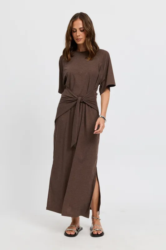 Alia Tie-Detail Box-Cut Tee Dress - Chocolate sold by Apero Label