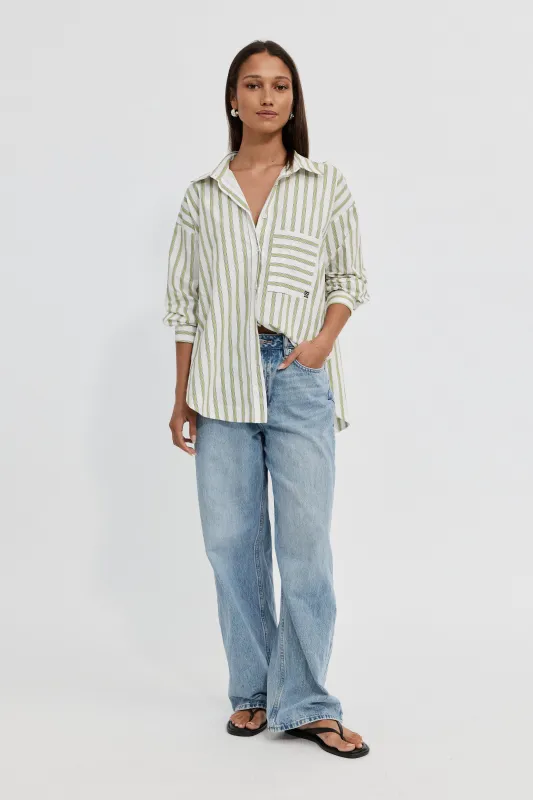 Morgan Stripe Wrap Button-Down Shirt - White / Green made by Apero Label