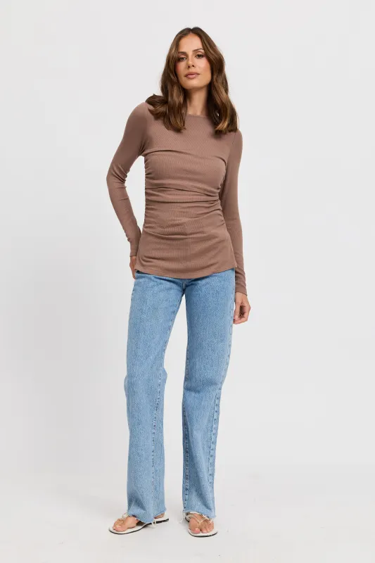Ari Ribbed Long Sleeve Top - Mocha made by Apero Label
