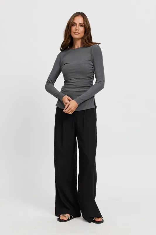 Ari Ribbed Long Sleeve Top - Charcoal made by Apero Label