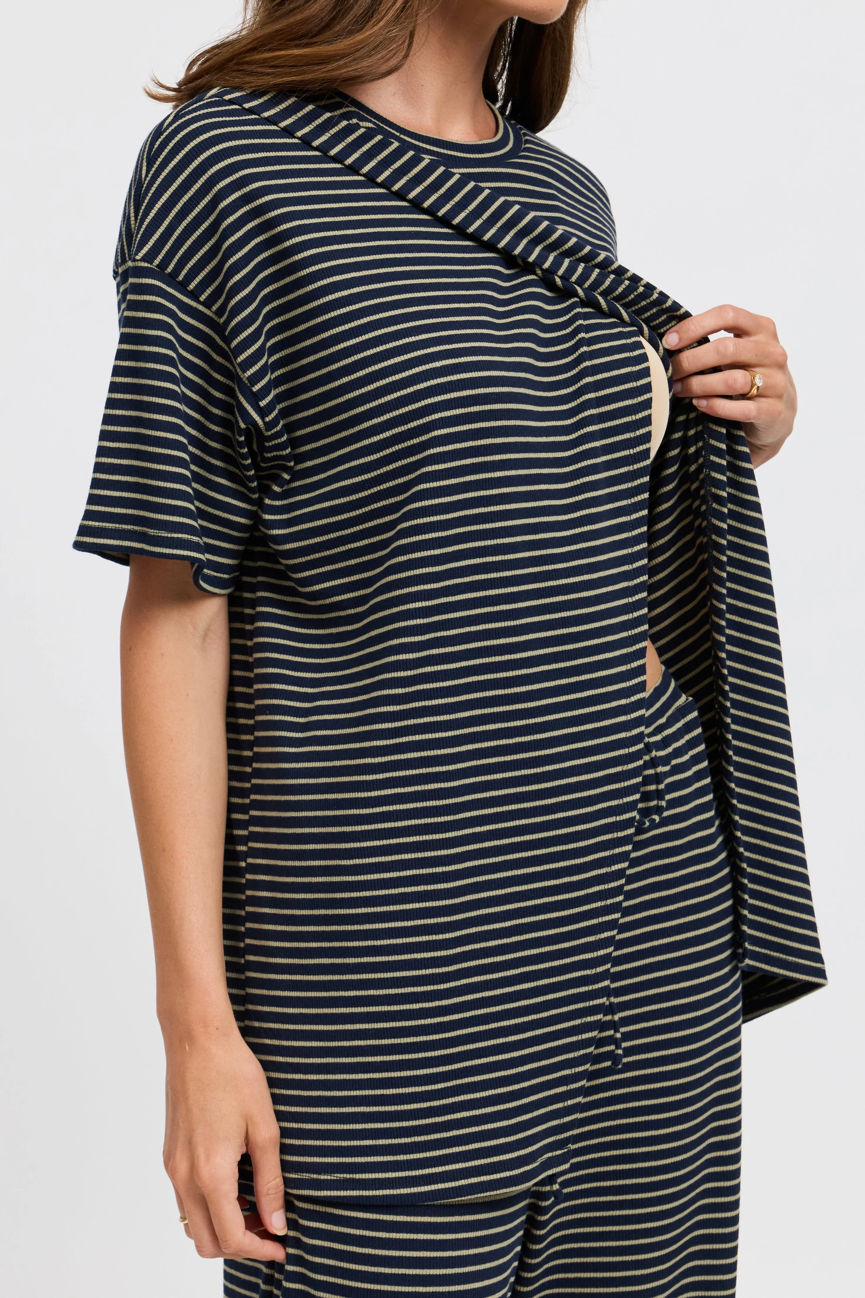 Ivy Stripe Longline Wrap Tee - Navy / Khaki sold by Apero Label product image thumbnail 2