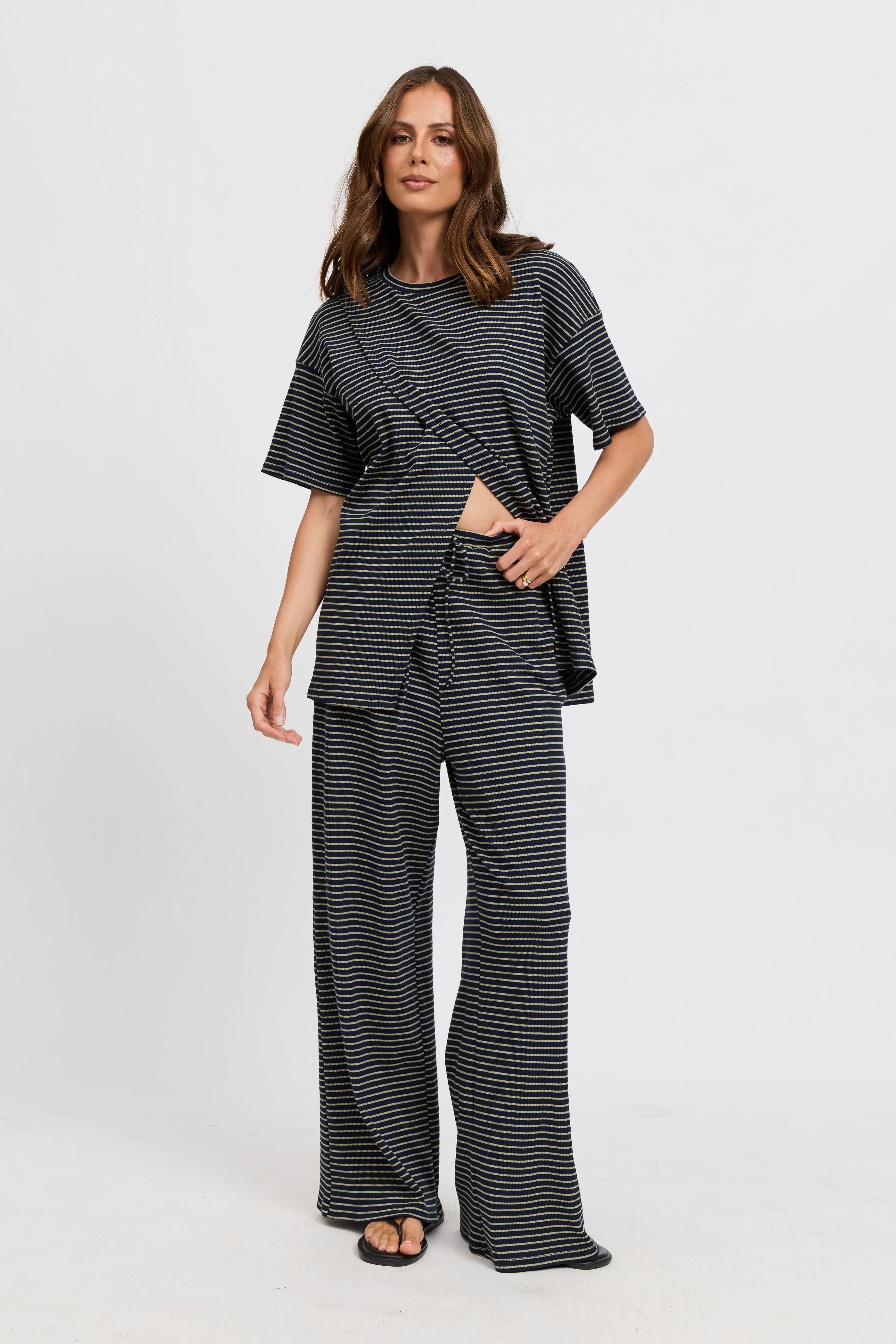 Ivy Stripe Longline Wrap Tee - Navy / Khaki sold by Apero Label product image thumbnail 5