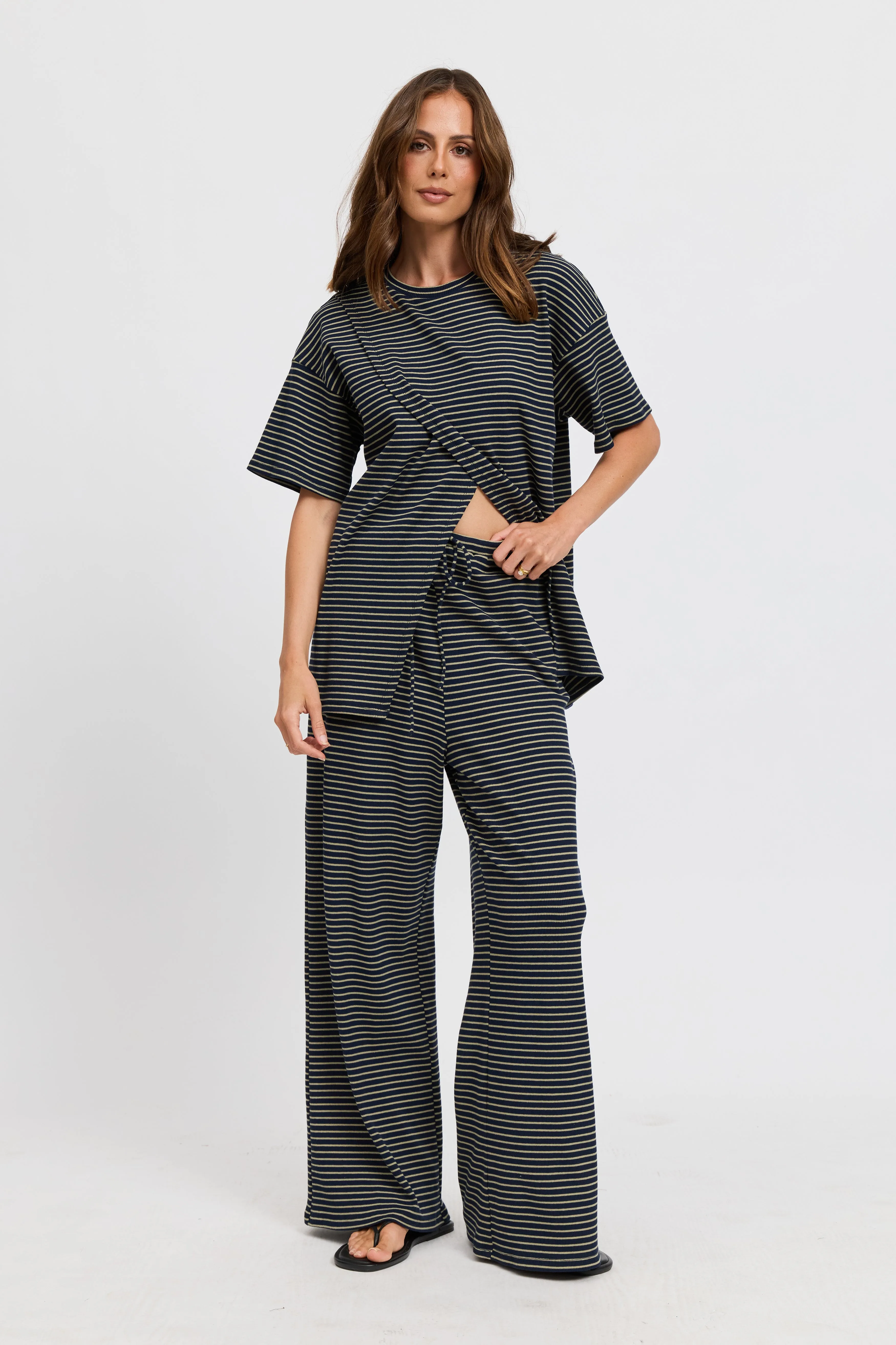 Ivy Stripe Longline Wrap Tee - Navy / Khaki sold by Apero Label