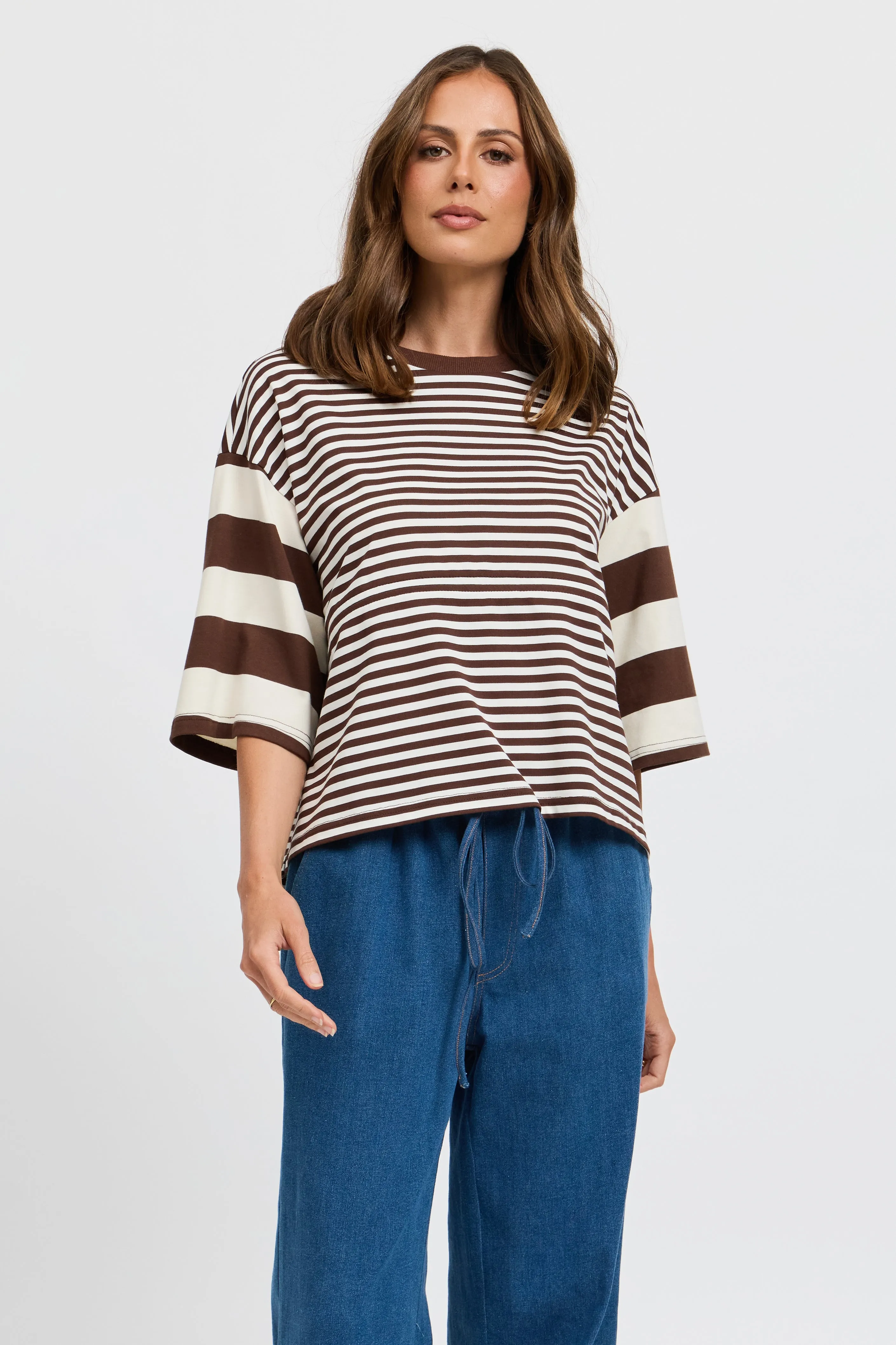 Brooklyn Mixed Stripe Slouch Panel Tee - Chocolate / White sold by Apero Label product image thumbnail 5