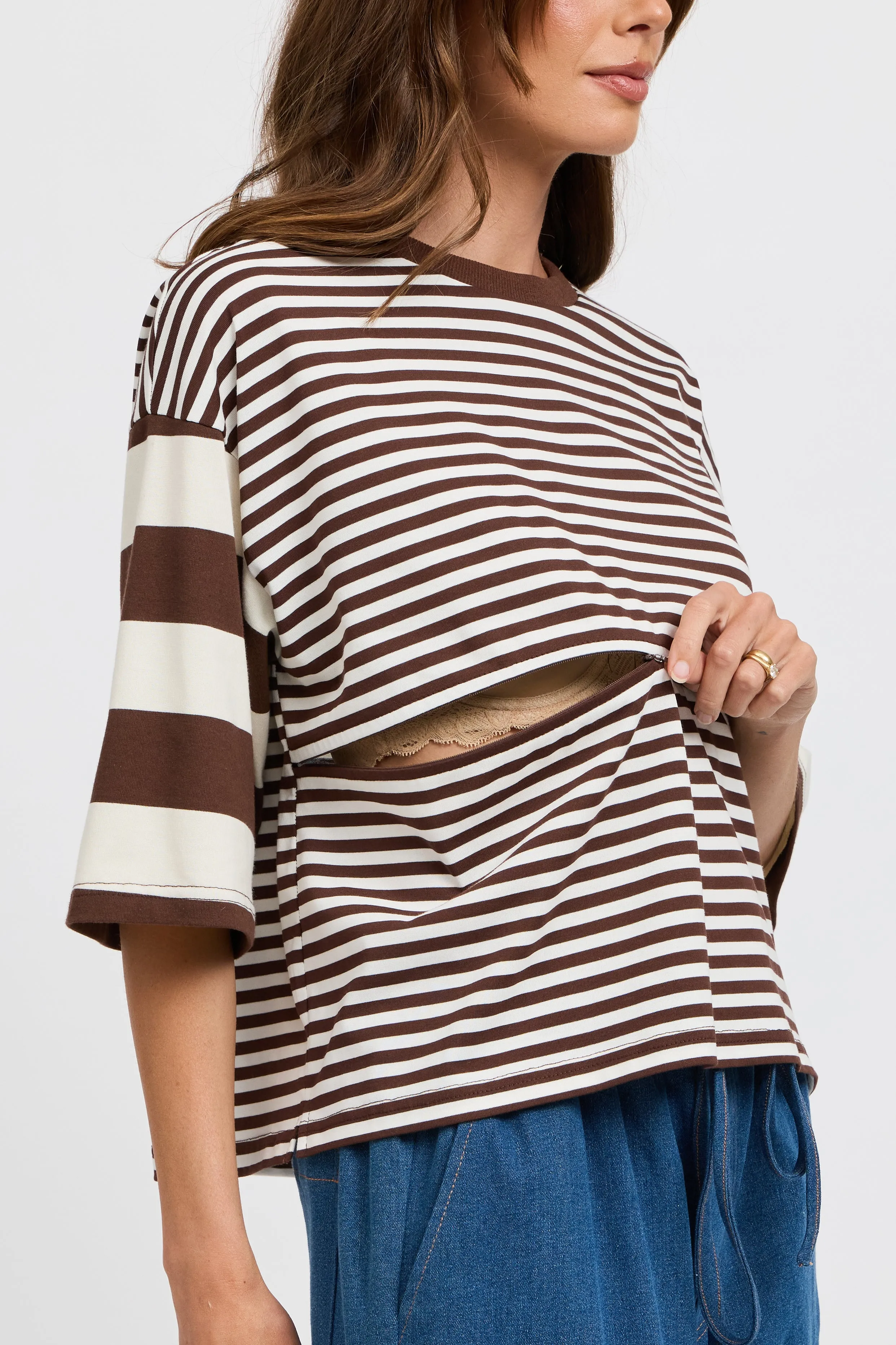 Brooklyn Mixed Stripe Slouch Panel Tee - Chocolate / White sold by Apero Label product image thumbnail 2