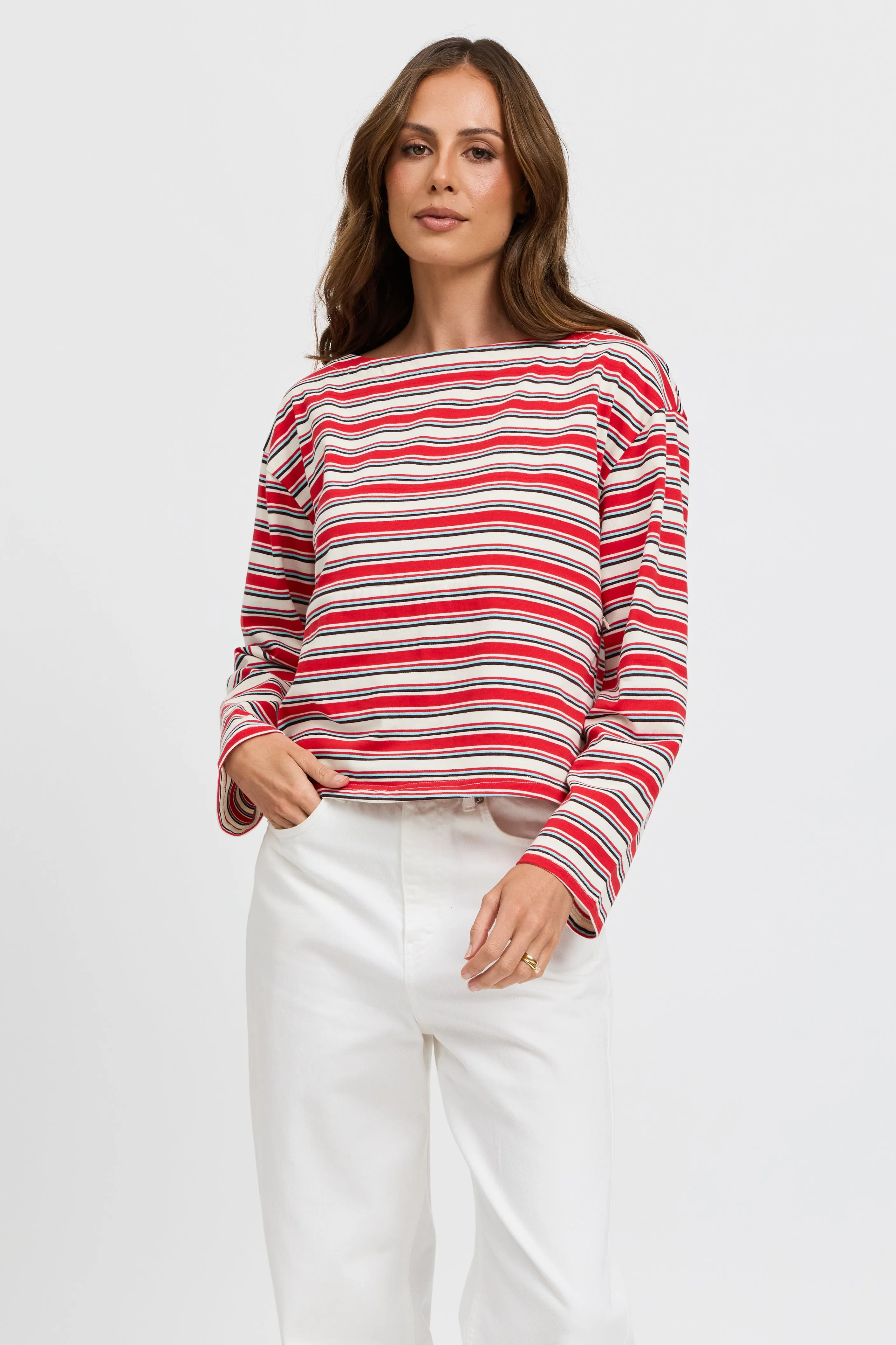 Genevieve Stripe Boatneck Long Sleeve Top - Red / White / Blue sold by Apero Label product image thumbnail 3