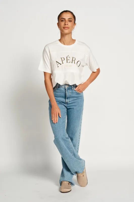 Heritage Embroidered Panel Tee - White / Khaki / Peach sold by Apero Label