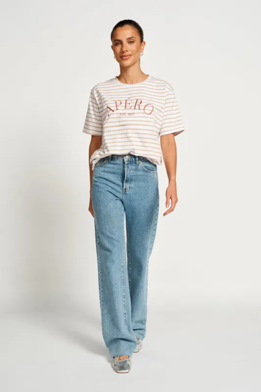 Heritage Stripe Panel Tee - White / Beige / Plum sold by Apero Label