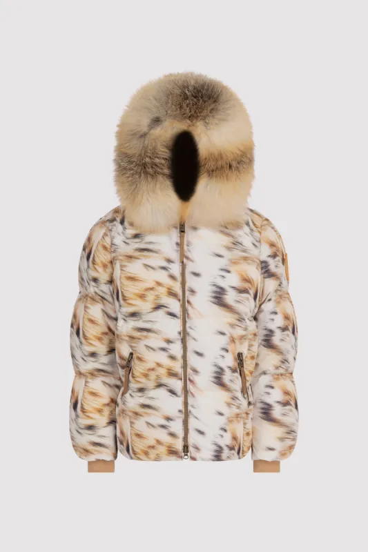 Women's Lynx Print Puffer with Fur in Lynx Camo sold by Arctic Army