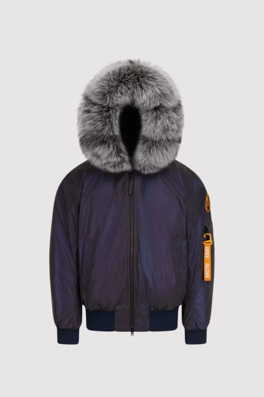 Women's Bomber with Fur in Navy Reflective sold by Arctic Army