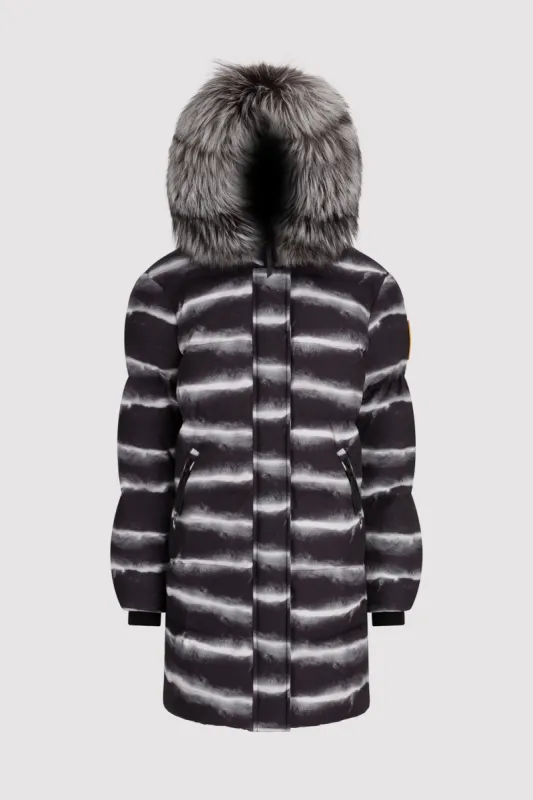 Women's Mid-Length Chinchilla Print Puffer with Fur in Black sold by Arctic Army