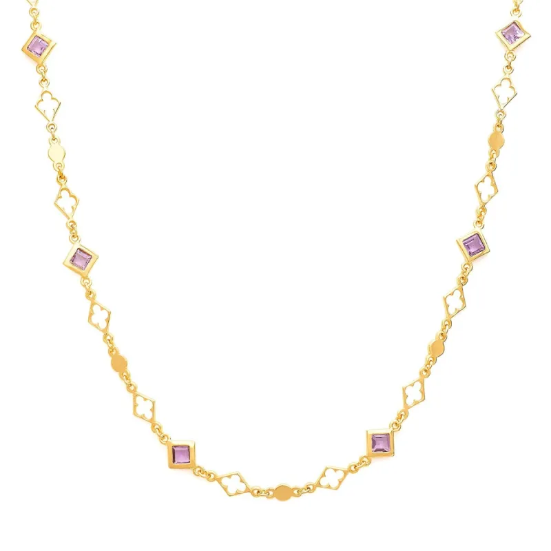 Diamond and Clover Motif Necklace with Amethyst sold by Azuni London