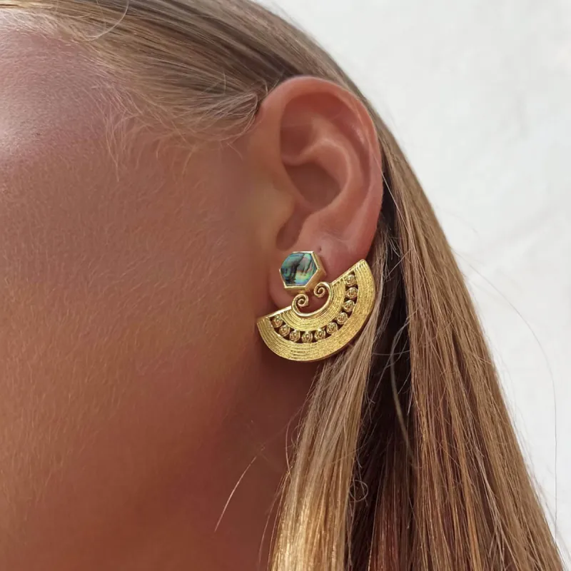 Thea Hexagon Stud with Scroll Top Ornate Fan sold by Azuni London