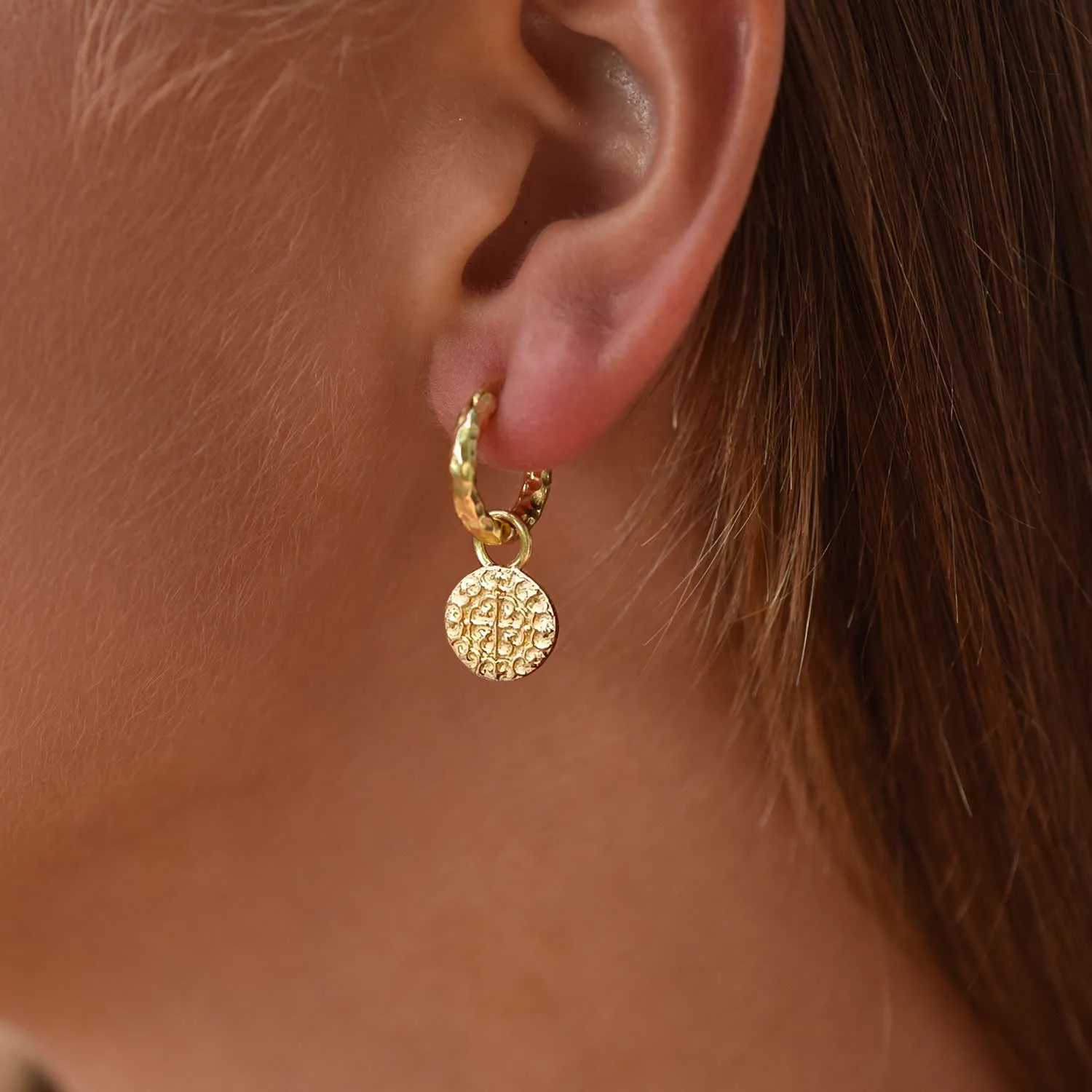 Lyra Hammered Hoop and Coin Charm Earrings sold by Azuni London product image thumbnail 2