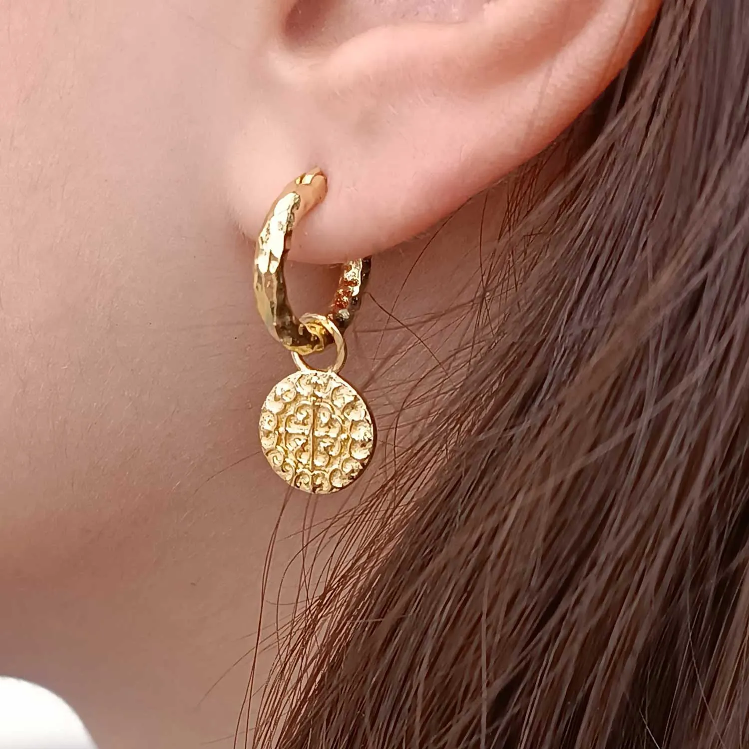 Lyra Hammered Hoop and Coin Charm Earrings sold by Azuni London product image thumbnail 3
